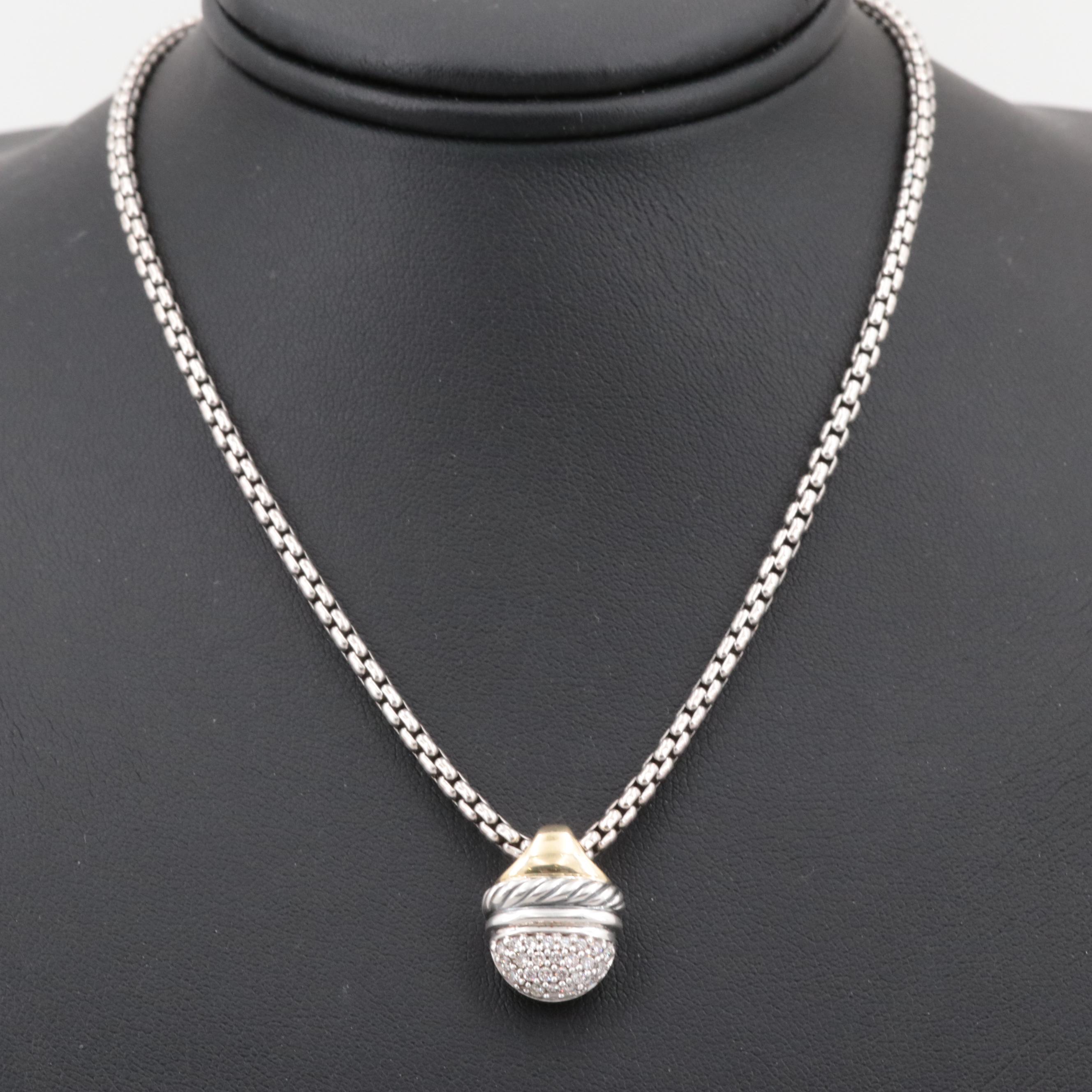 David Yurman Sterling Silver Diamond Acorn Pendant Necklace with 18K Gold Accent