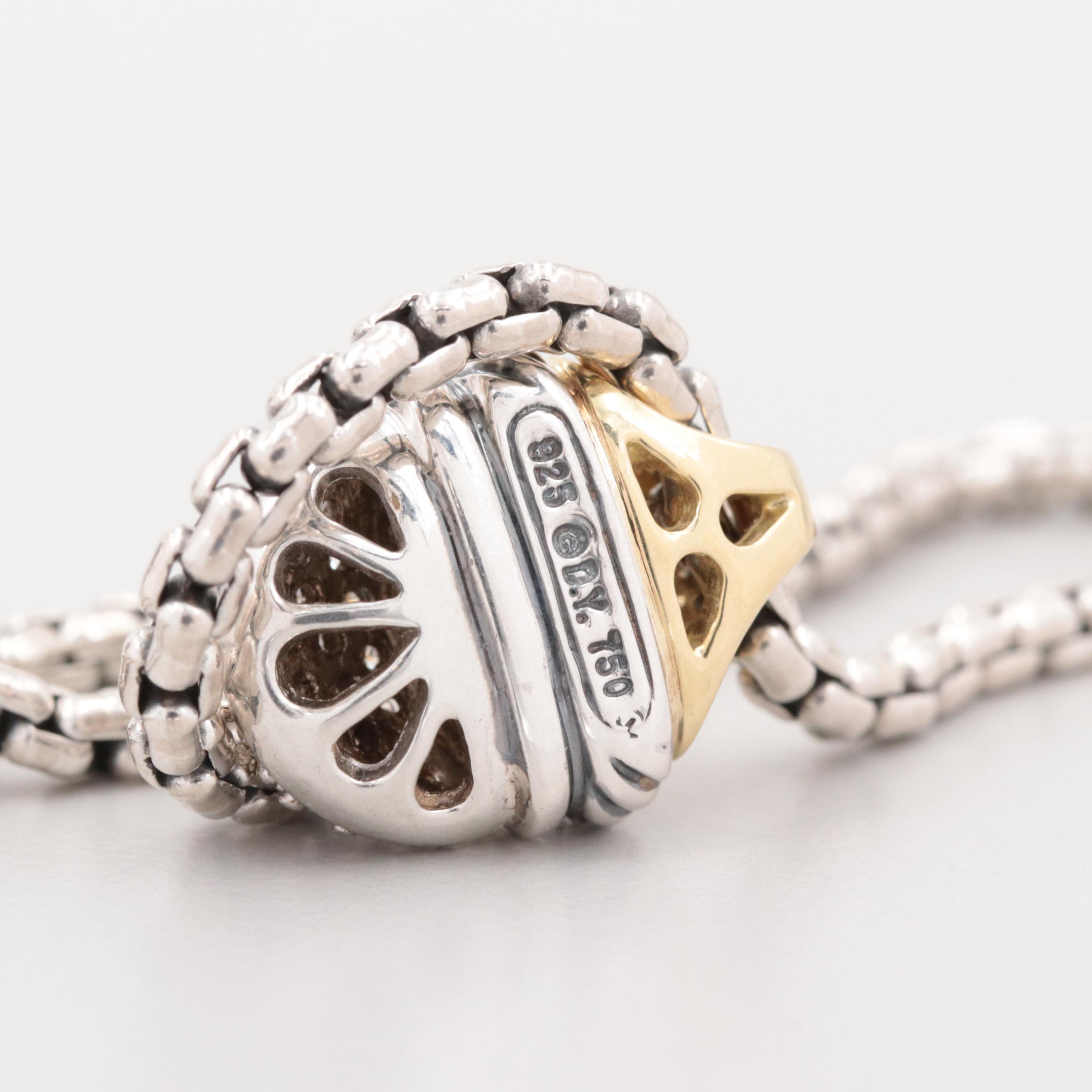 David Yurman Sterling Silver Diamond Acorn Pendant Necklace with 18K Gold Accent