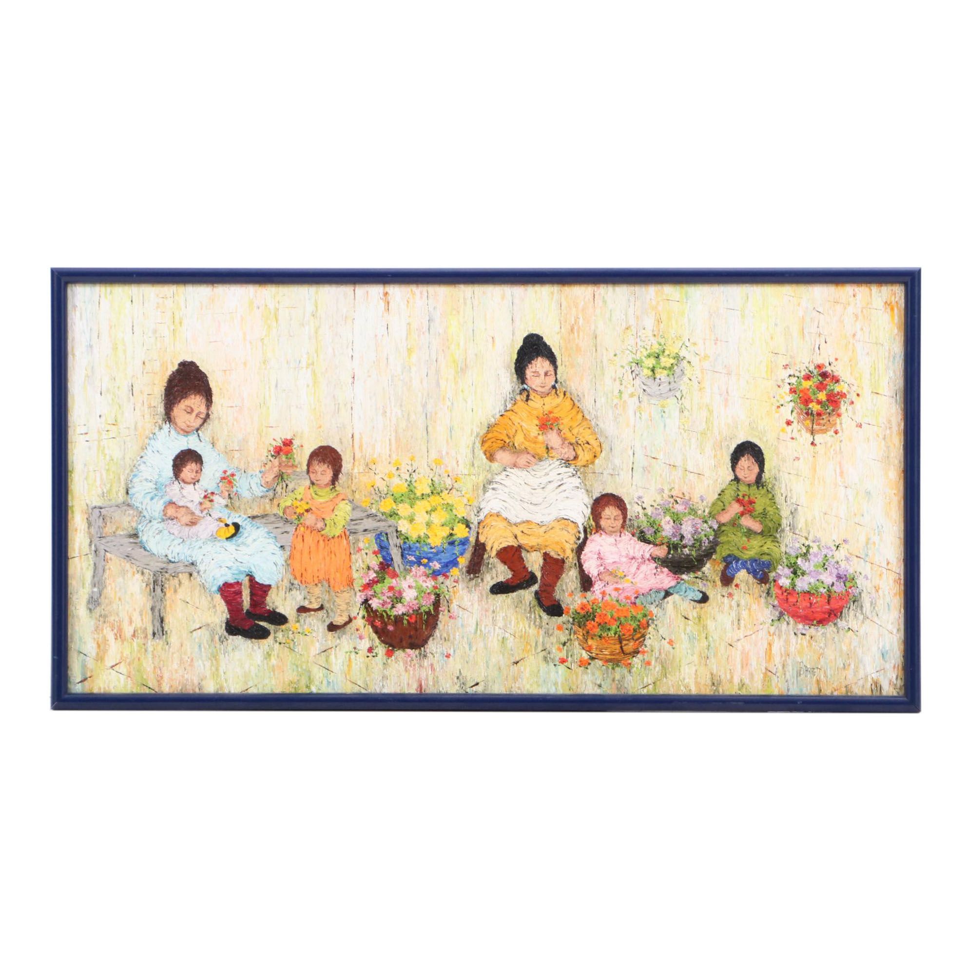 Mildred Barrett Oil Painting of Women and Children with Flowers
