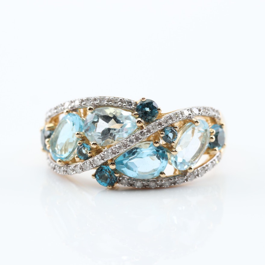 10K Yellow Gold Blue Topaz and Diamond Ring