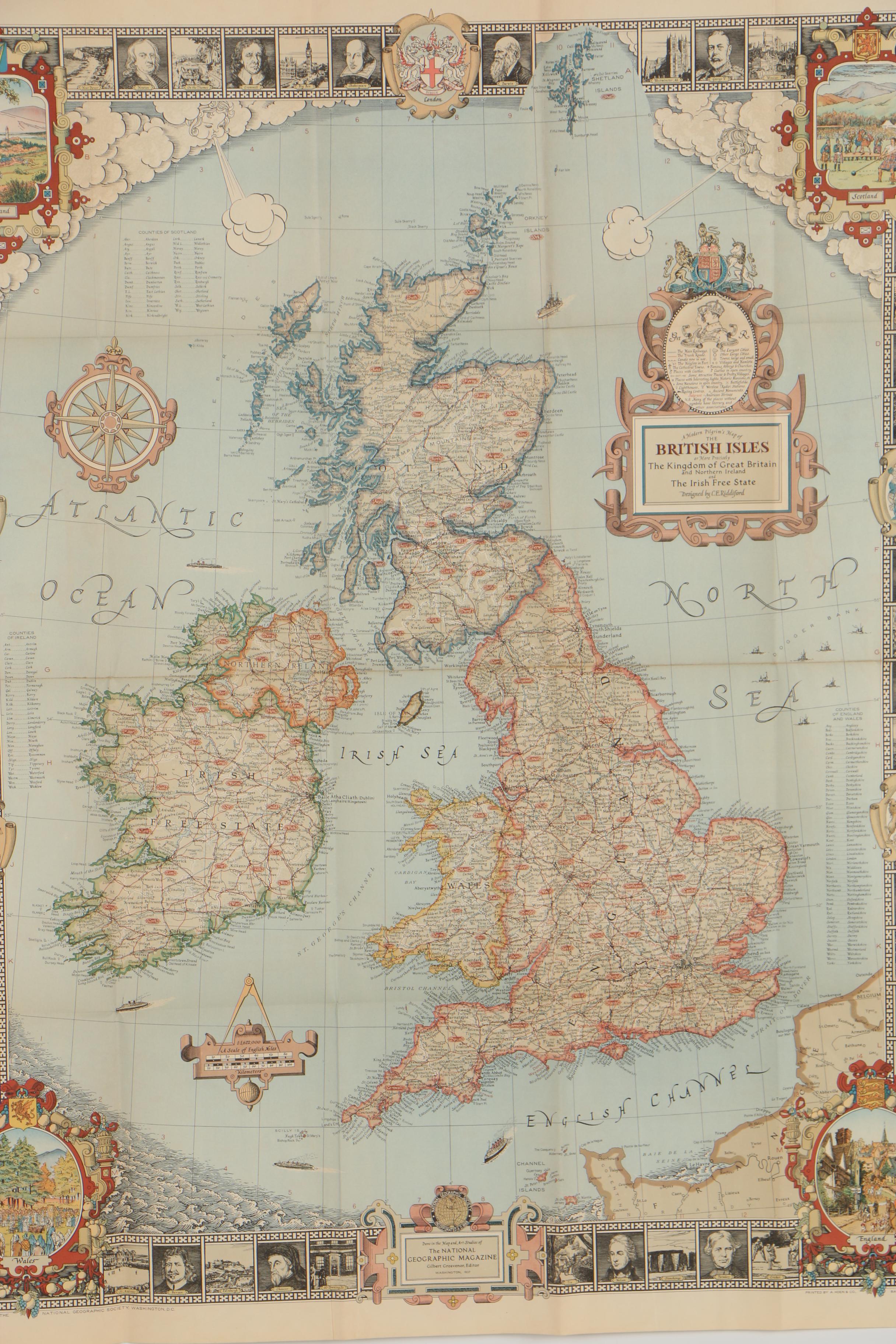 National Geographic "A Modern Pilgrim's Map of the British Isles" Map, 1937