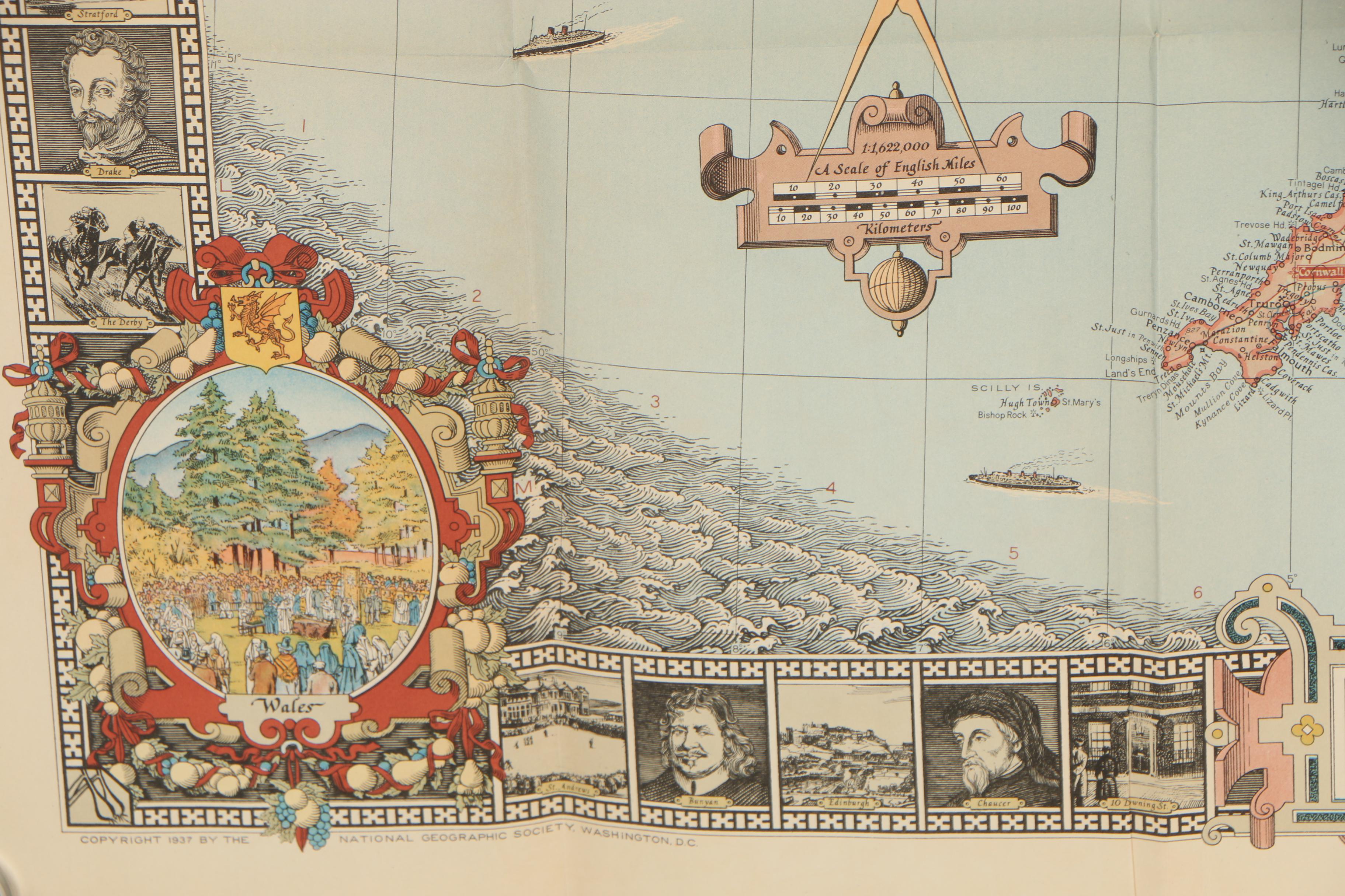 National Geographic "A Modern Pilgrim's Map of the British Isles" Map, 1937