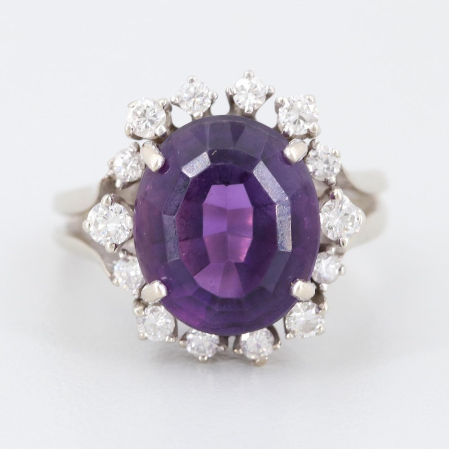 14K White Gold Amethyst and Diamond Ring