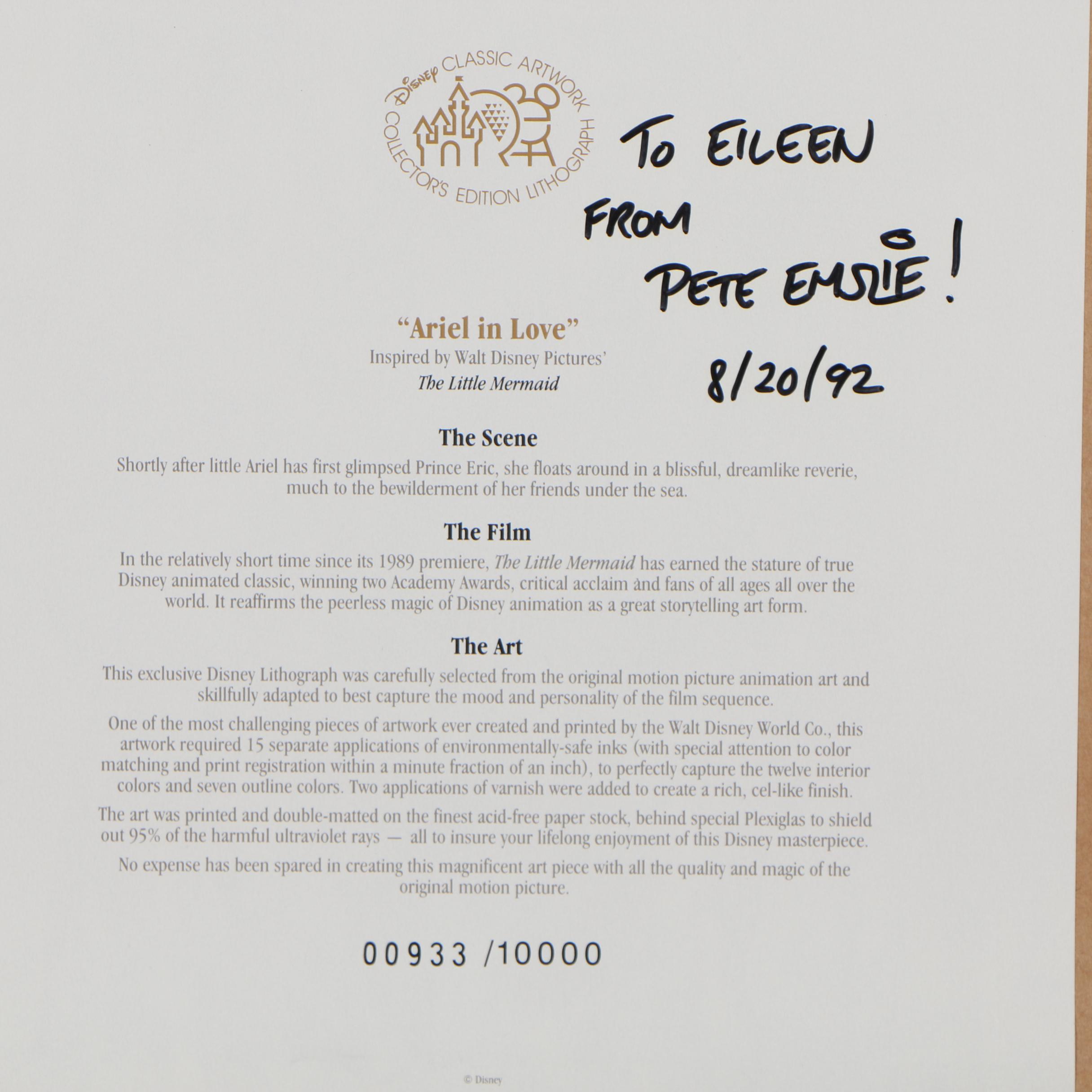 Disney Classic Artwork Collector's Edition Offset Lithograph "Ariel in Love"