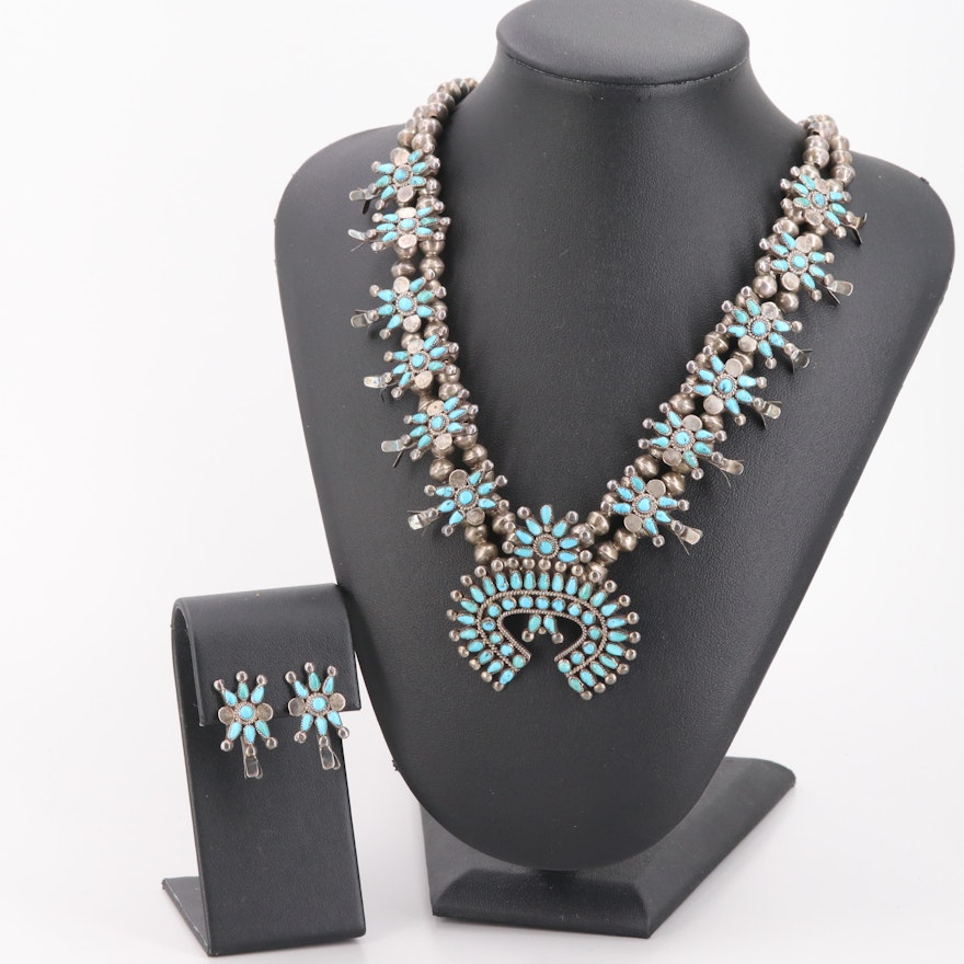 Sterling Silver Turquoise Squash Blossom Earrings and Necklace Set