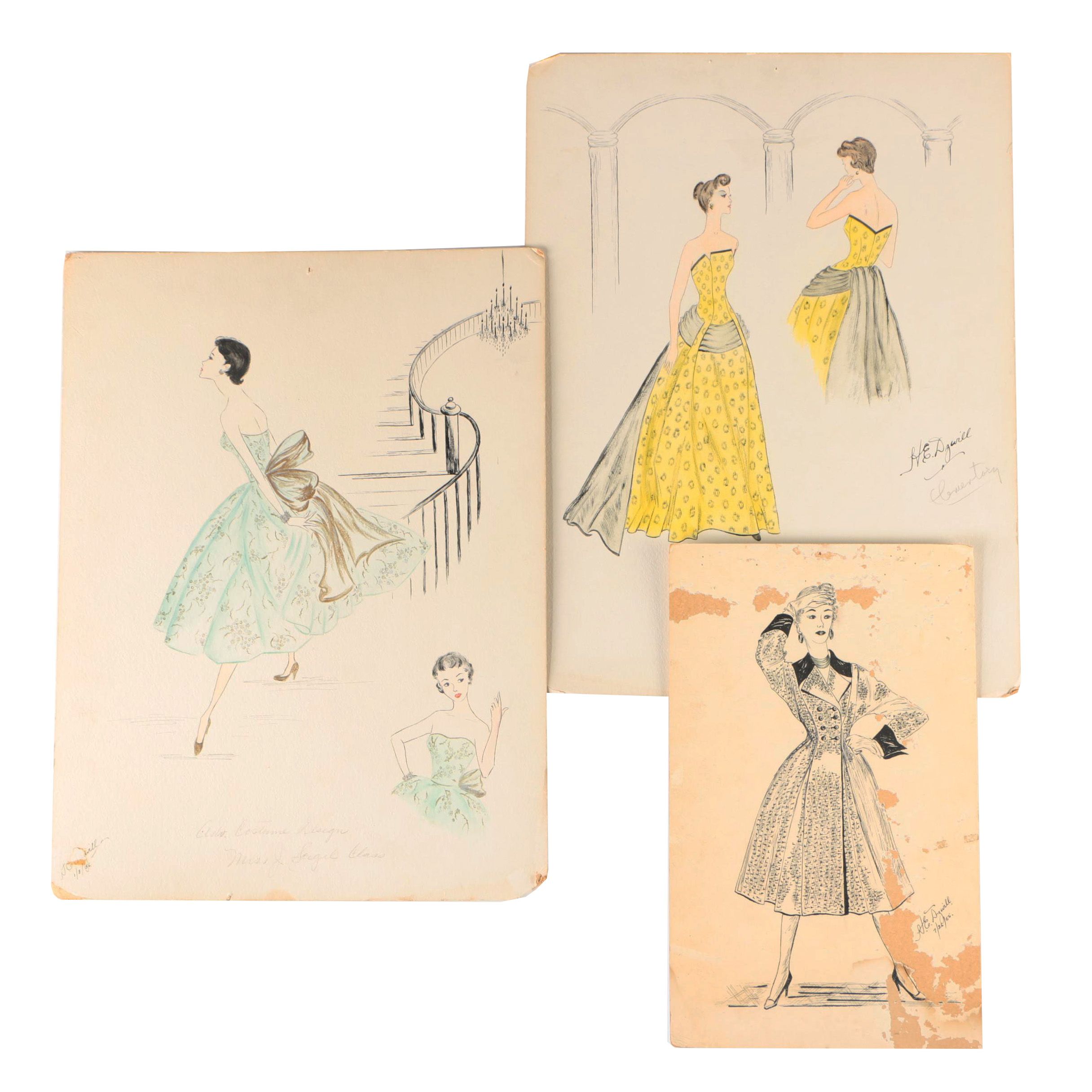 Original Fashion Ink Sketches by Hattie Dzwill, 1955 - 1956