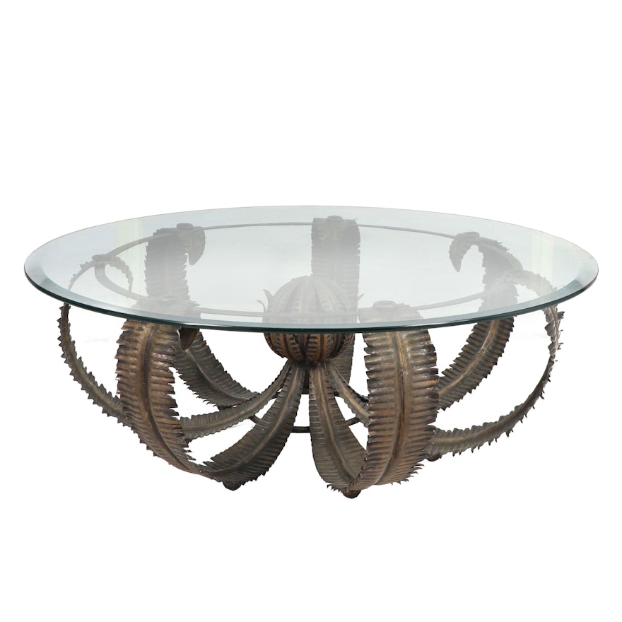 Sculptural Fern Leaf Metal Base Coffee Table With Glass Top, 21st Century