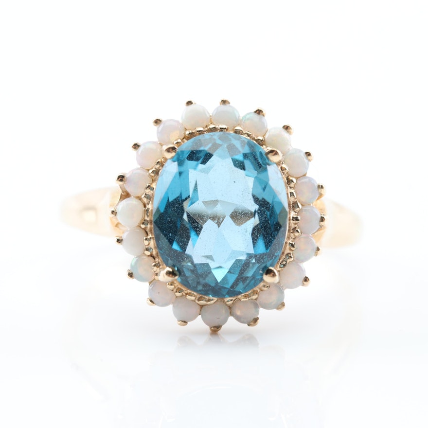 10K Yellow Gold Blue Topaz and Opal Halo Ring