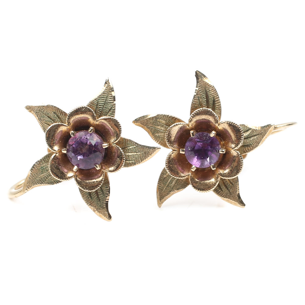 10K Yellow Gold Amethyst Flower Screw-On Earrings