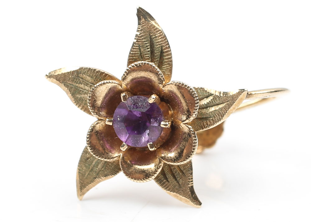 10K Yellow Gold Amethyst Flower Screw-On Earrings