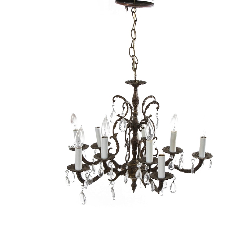 Antiqued Brass Ten-Arm Chandelier with Crystal Drops, Mid-Century