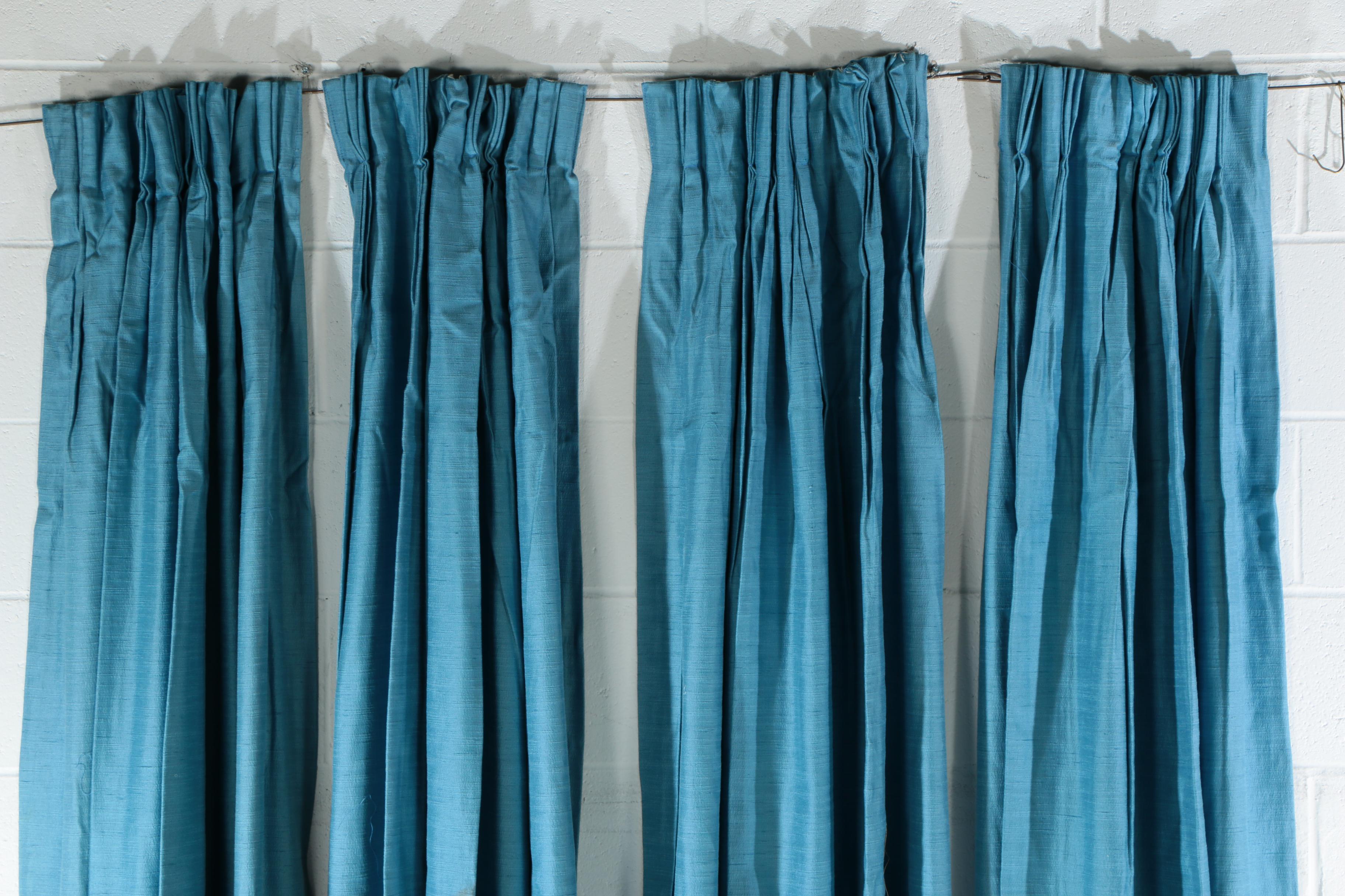 Custom Made Munsell Blue Pinch Pleat Drapes, Mid Century