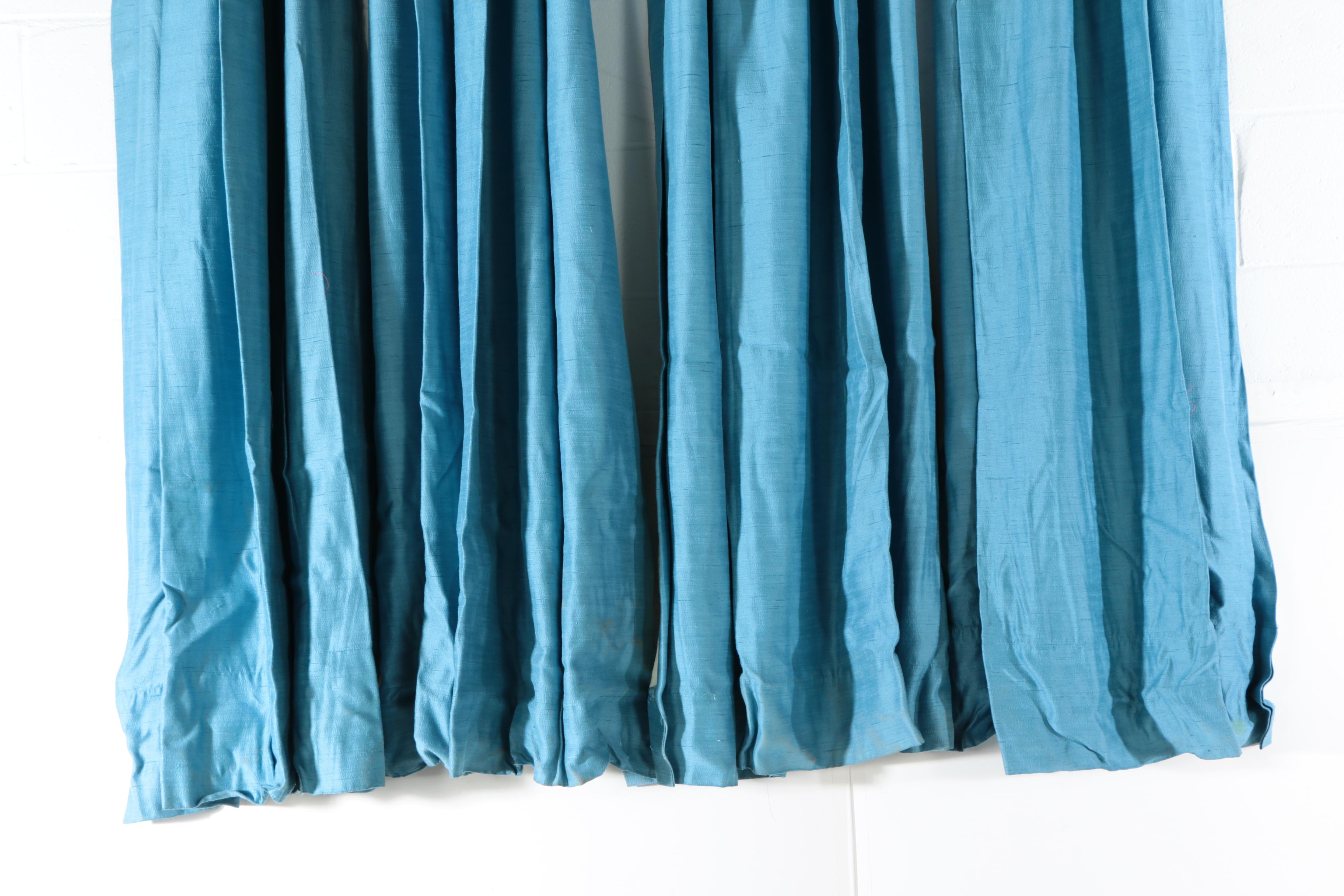 Custom Made Munsell Blue Pinch Pleat Drapes, Mid Century