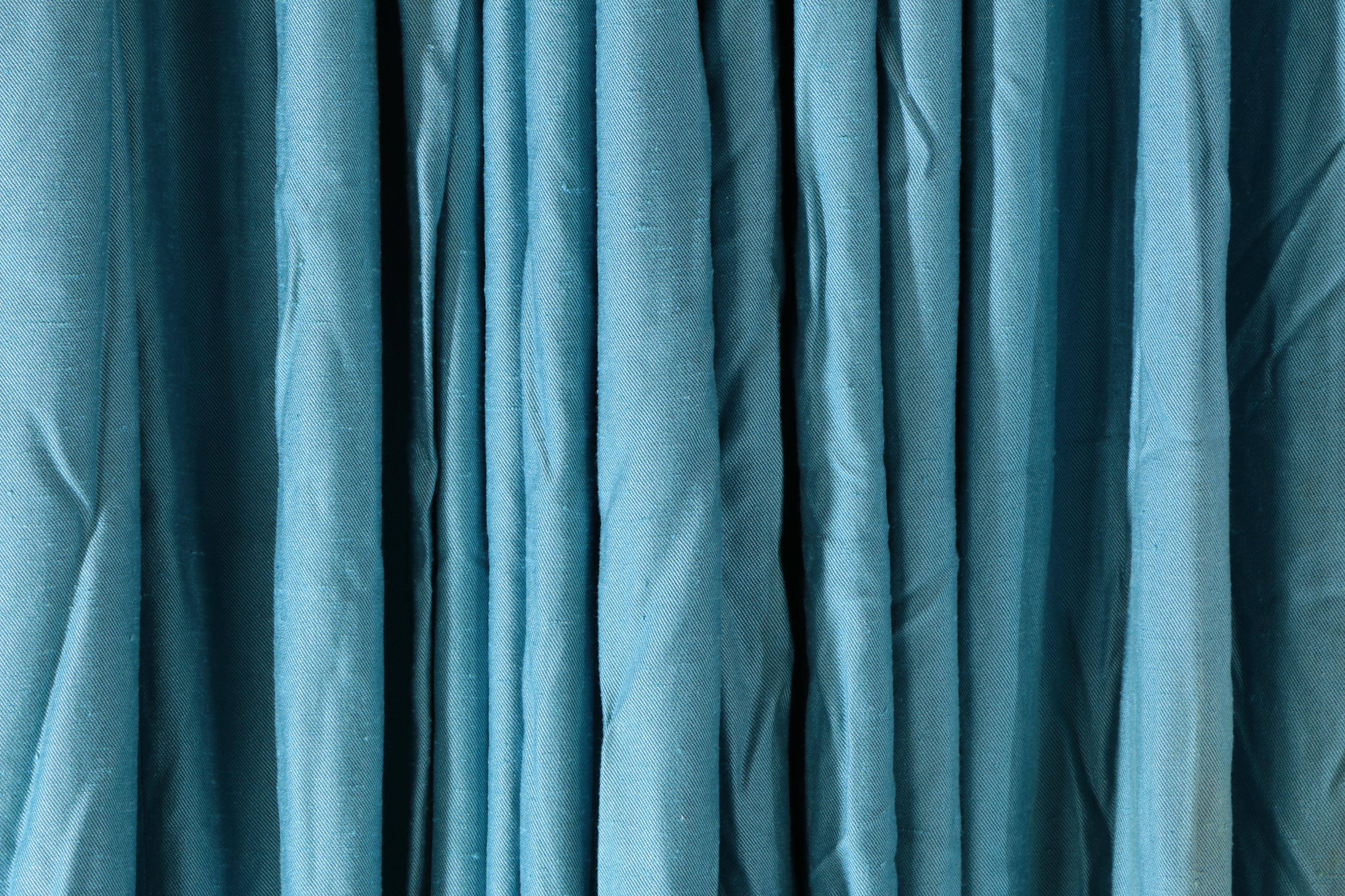 Custom Made Munsell Blue Pinch Pleat Drapes, Mid Century