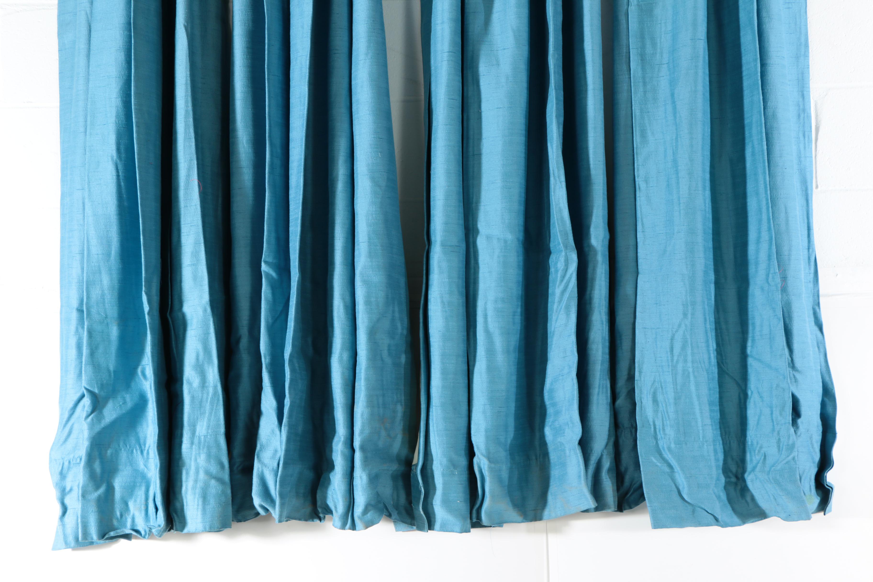 Custom Made Munsell Blue Pinch Pleat Drapes, Mid-Century