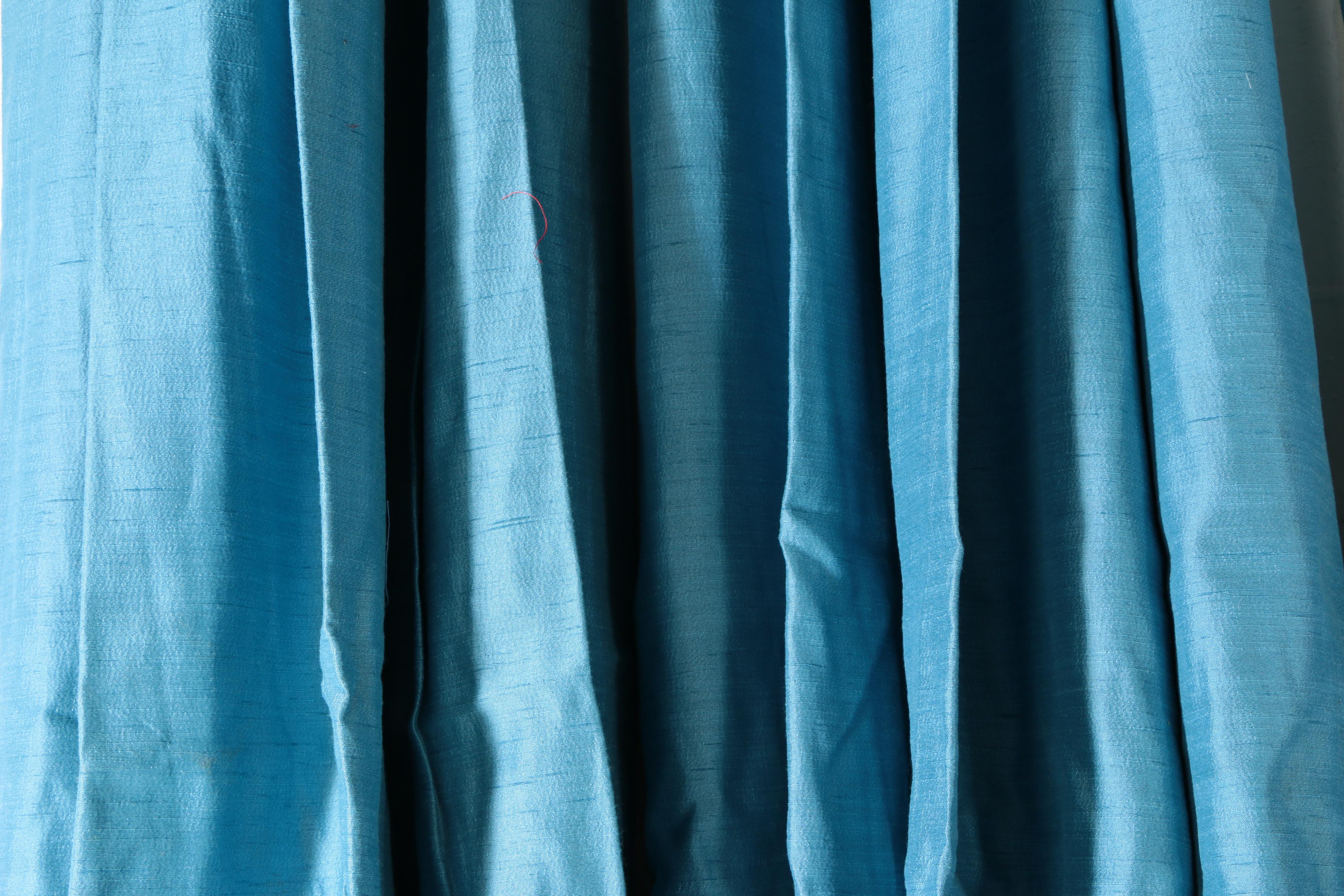 Custom Made Munsell Blue Pinch Pleat Drapes, Mid-Century