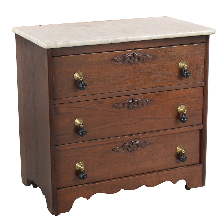 Victorian Stone Top Walnut Chest of Drawers on Casters, Early 20th Century