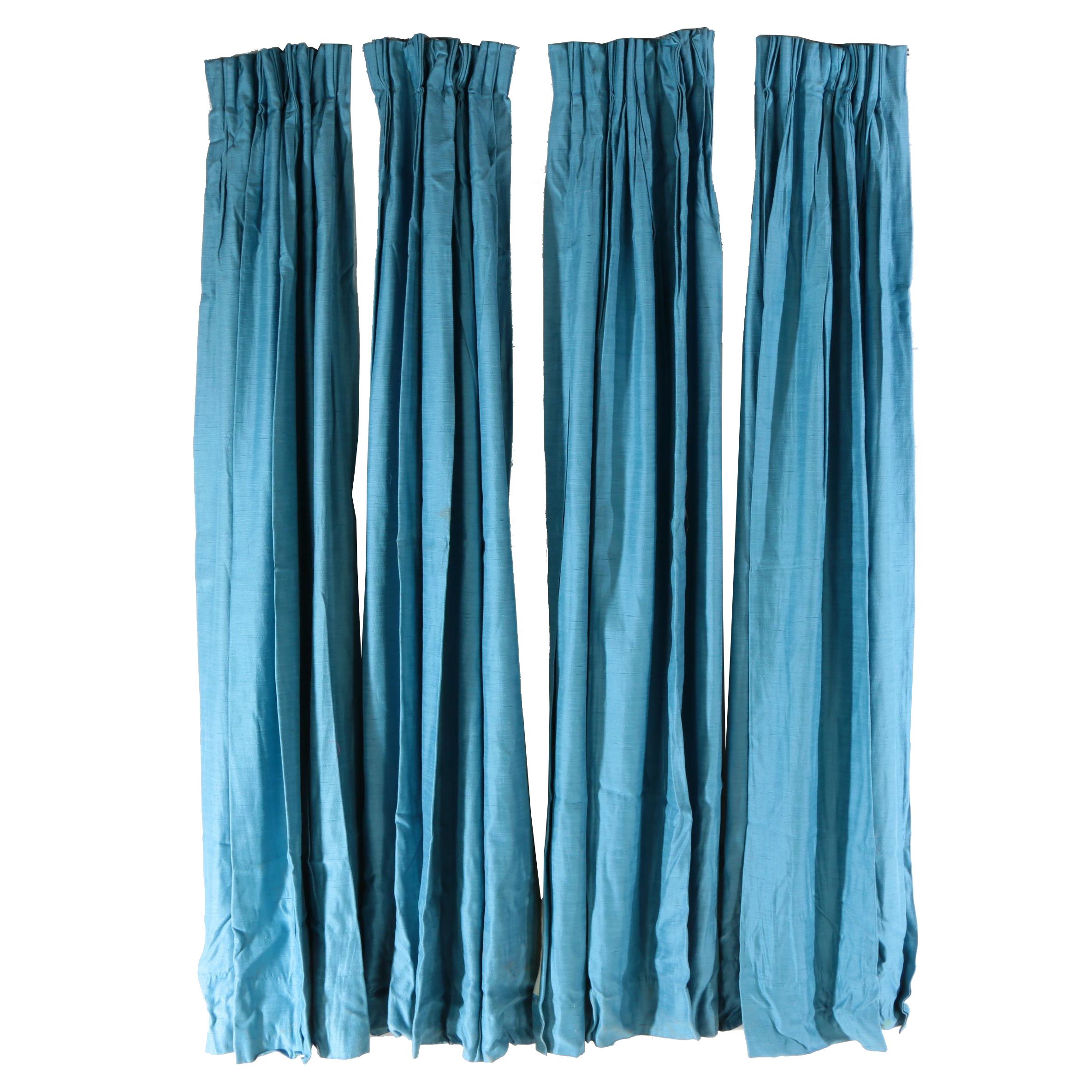 Custom Made Munsell Blue Pinch Pleat Drapes, Mid-Century