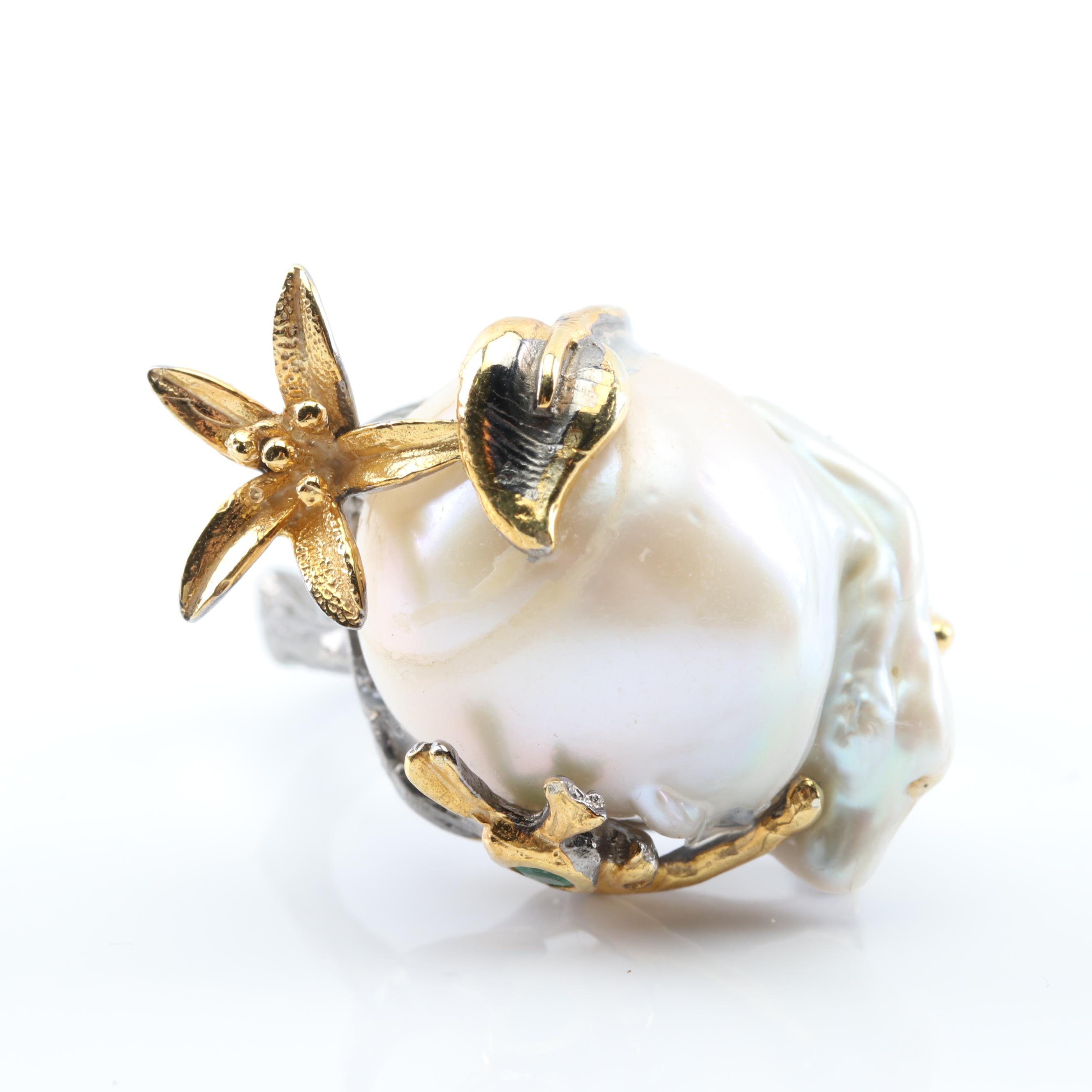 Sterling Silver Freshwater Pearl Flower and Bird Motif Ring