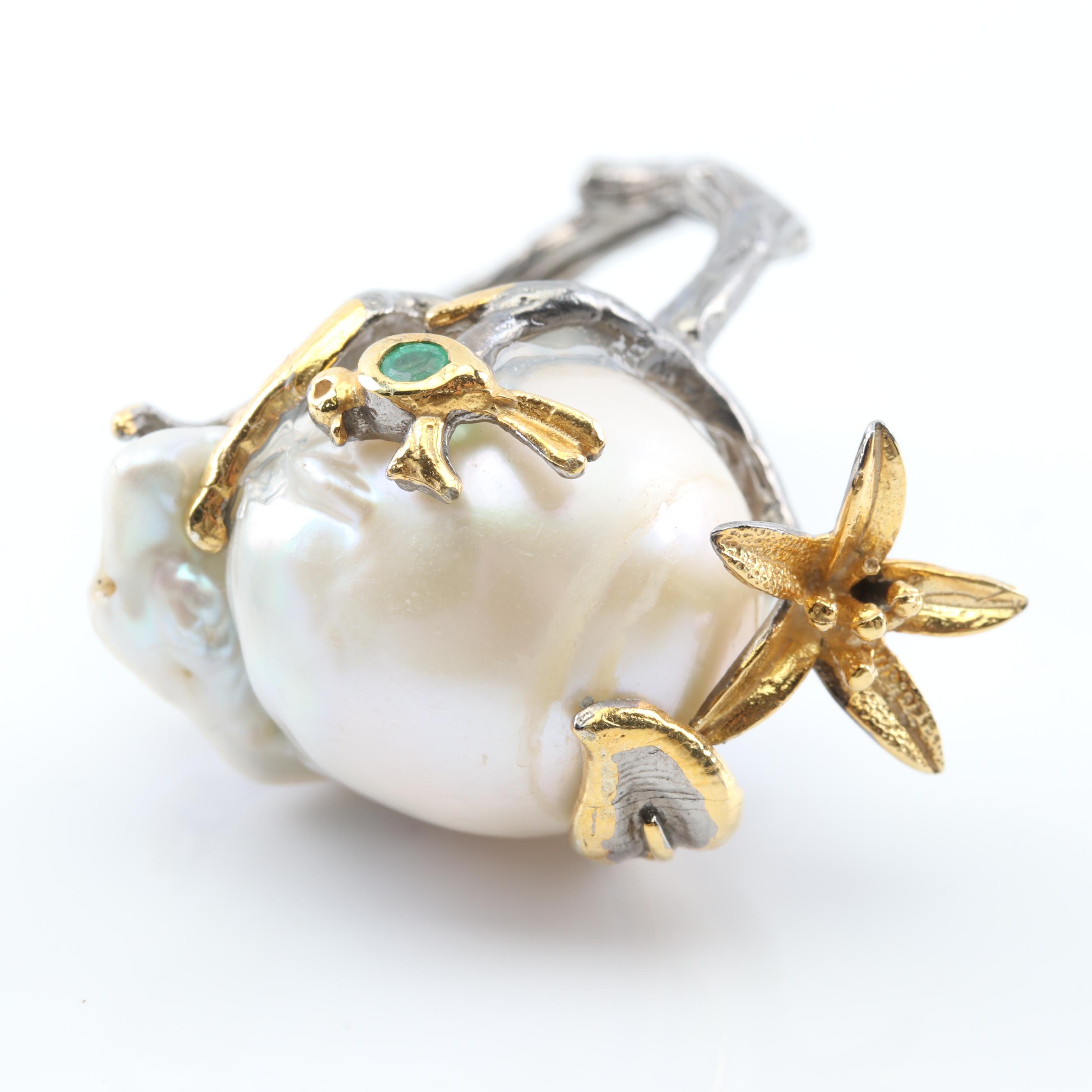 Sterling Silver Freshwater Pearl Flower and Bird Motif Ring