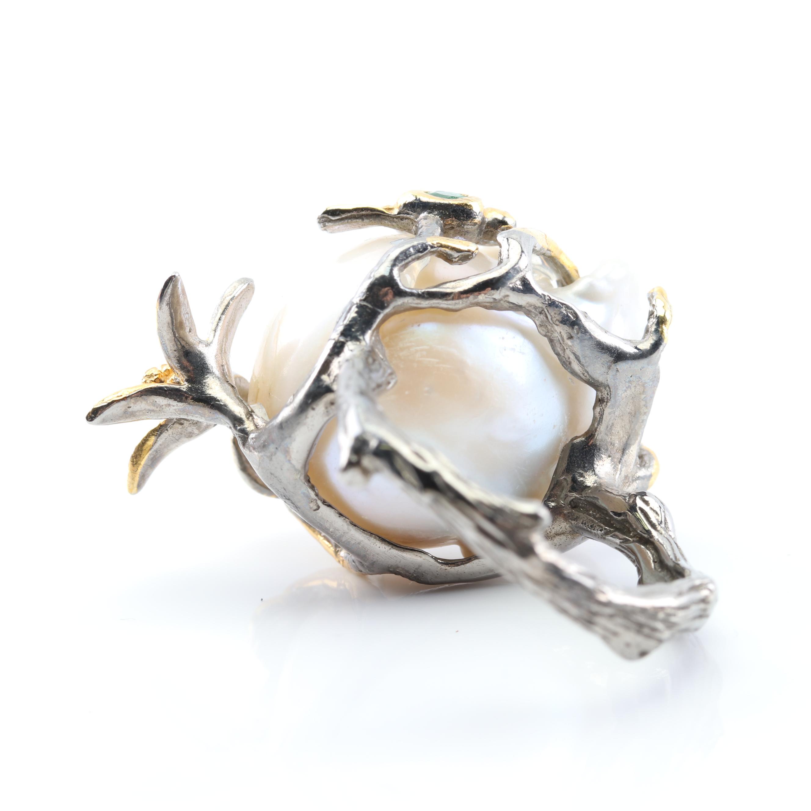 Sterling Silver Freshwater Pearl Flower and Bird Motif Ring