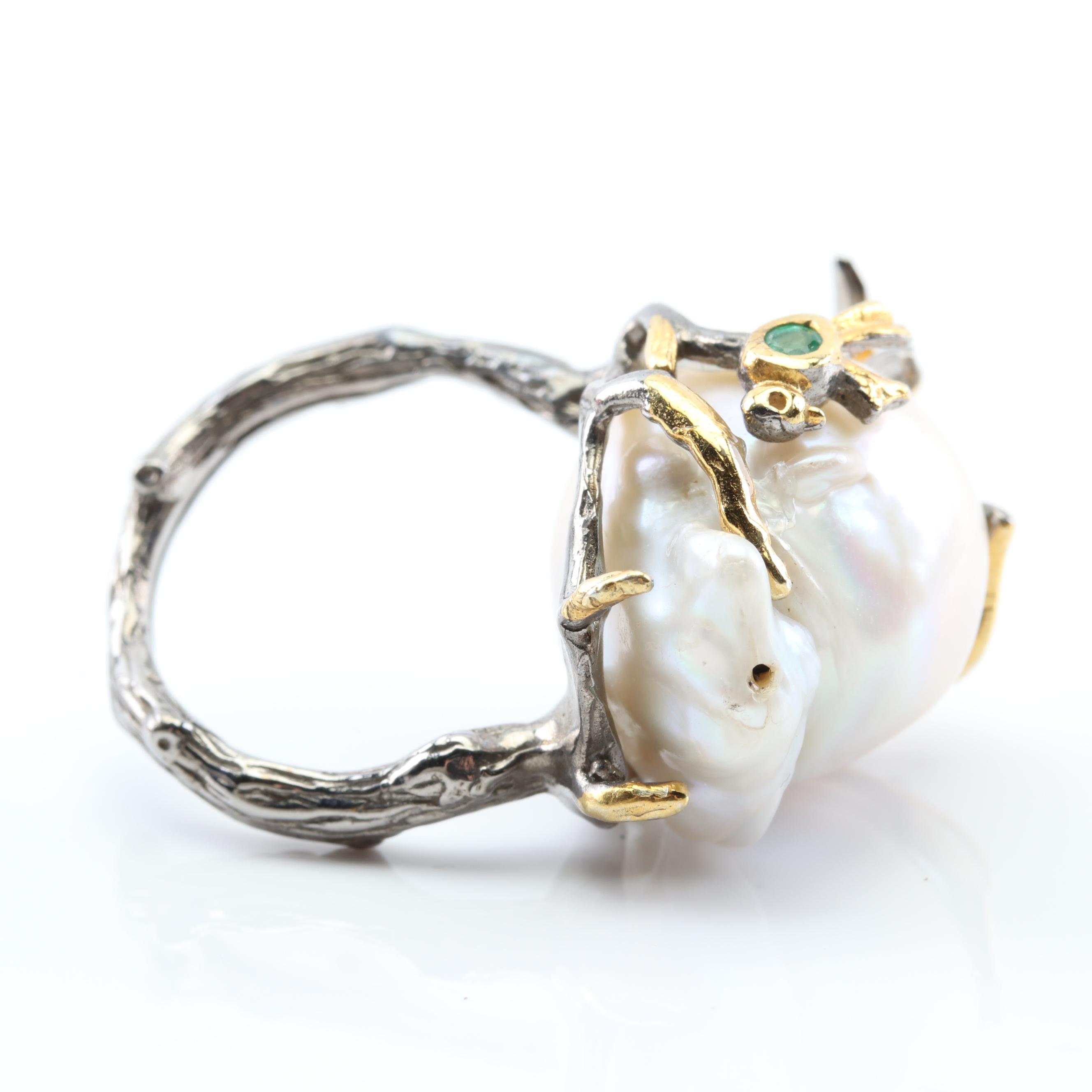 Sterling Silver Freshwater Pearl Flower and Bird Motif Ring