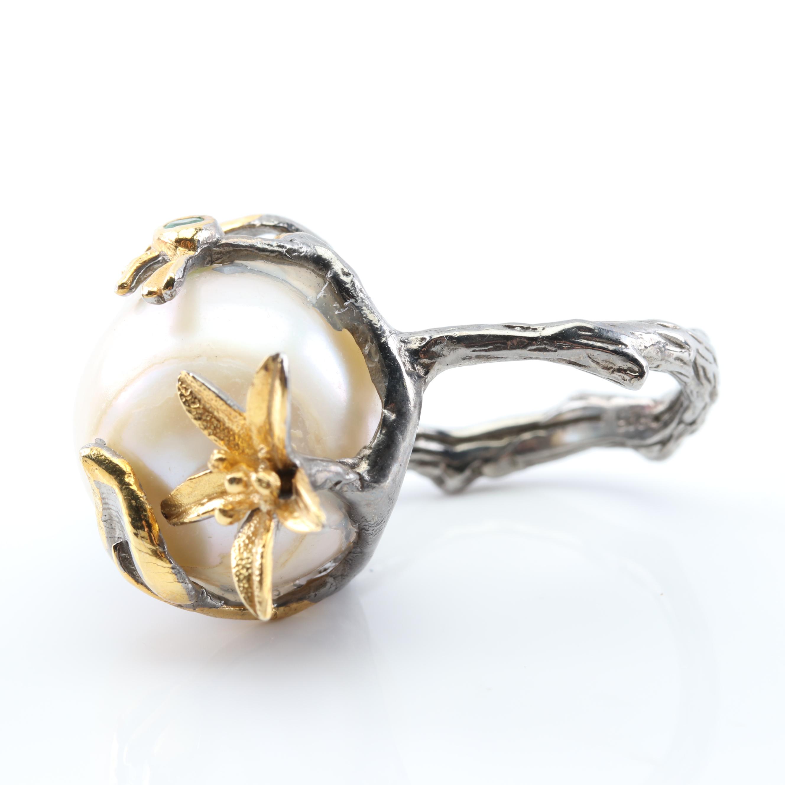 Sterling Silver Freshwater Pearl Flower and Bird Motif Ring