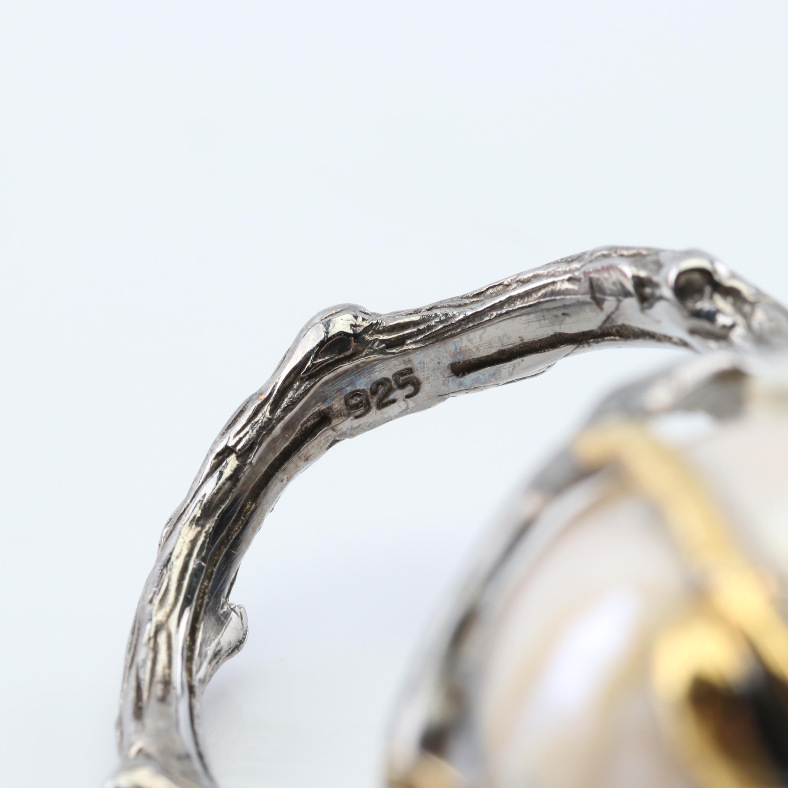 Sterling Silver Freshwater Pearl Flower and Bird Motif Ring