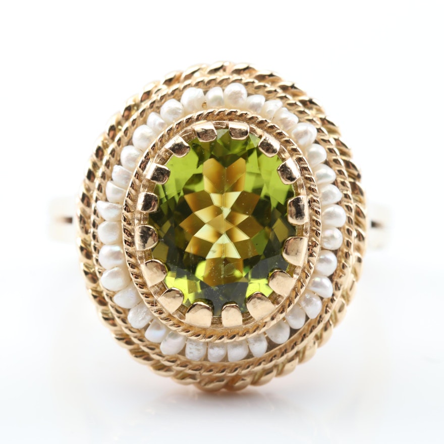 14K Yellow Gold Peridot and Seed Pearl Framed Ring