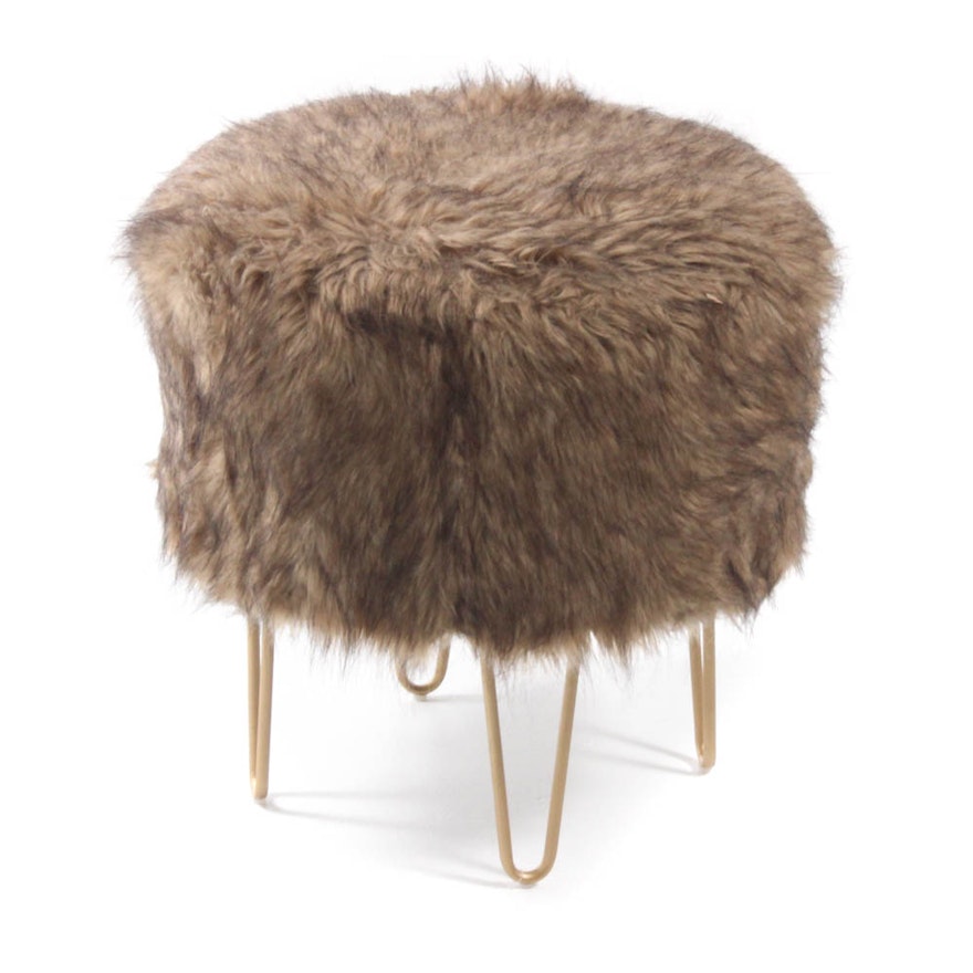 Hairpin Ottoman with Brown Faux Fur Upholstery