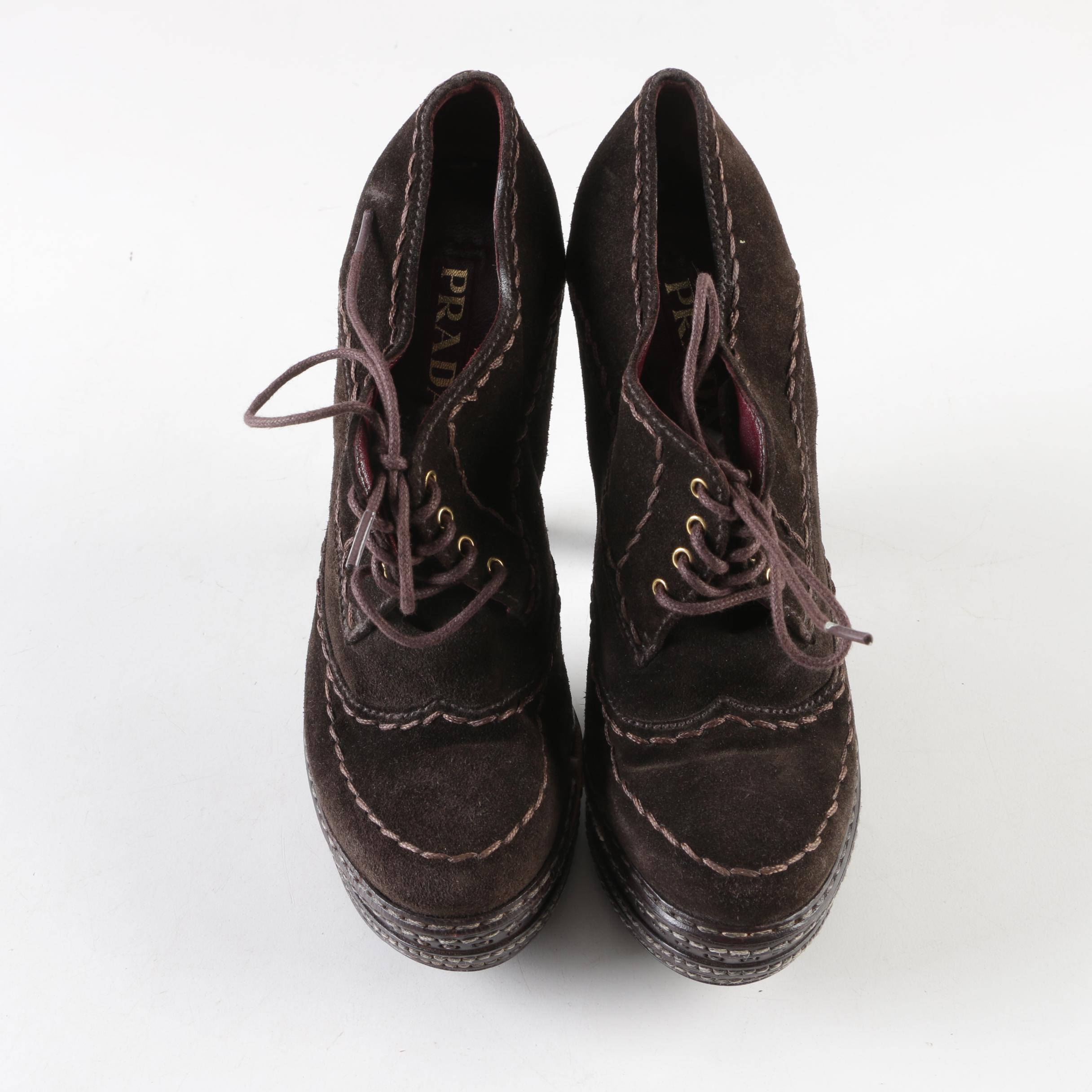 Prada Chocolate Brown Suede High-Heeled Platform Booties