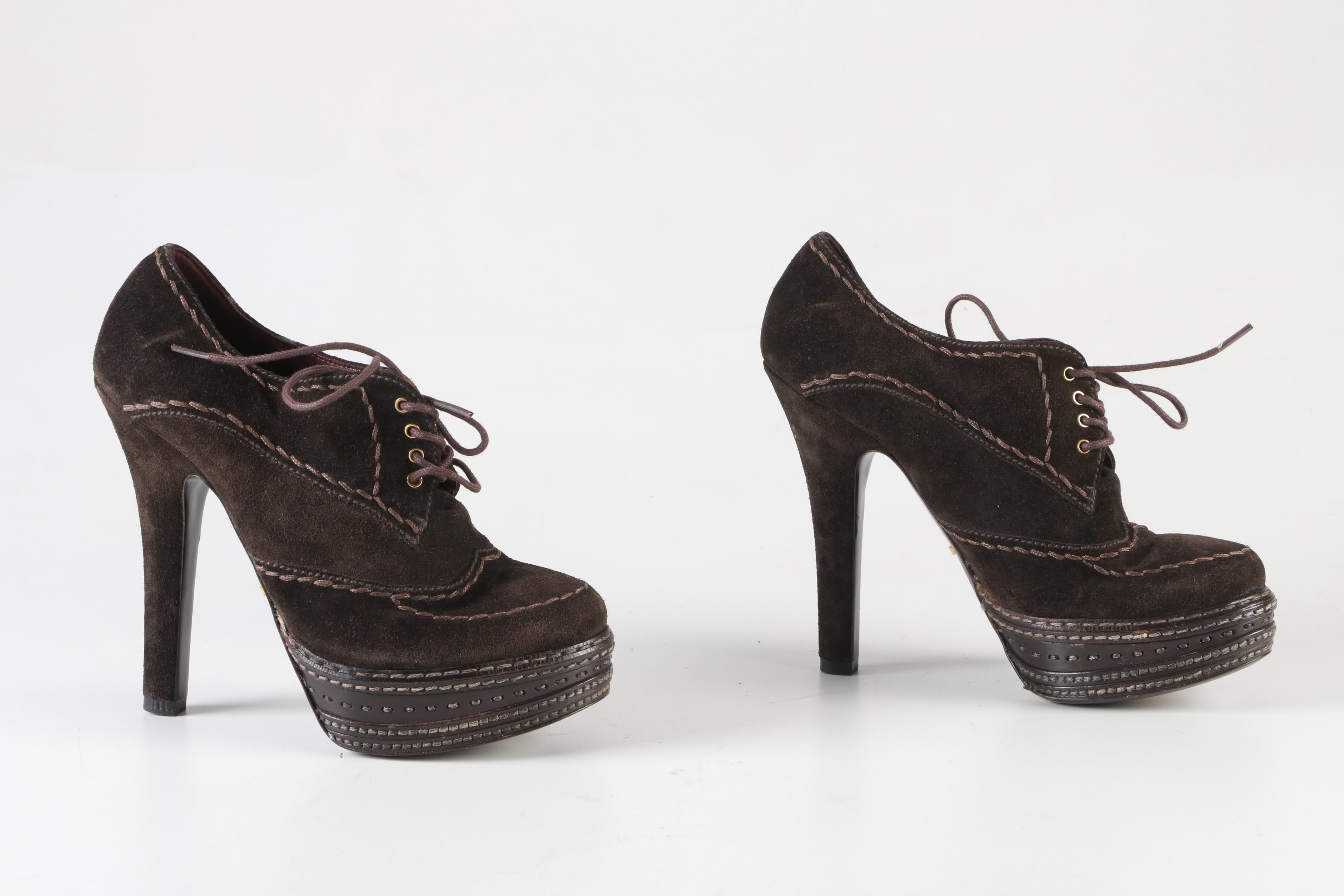 Prada Chocolate Brown Suede High-Heeled Platform Booties