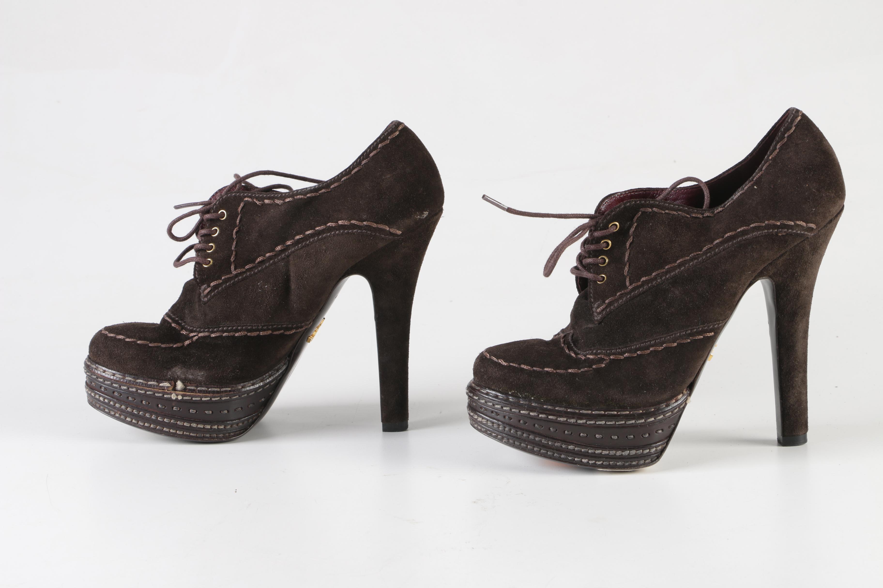 Prada Chocolate Brown Suede High-Heeled Platform Booties