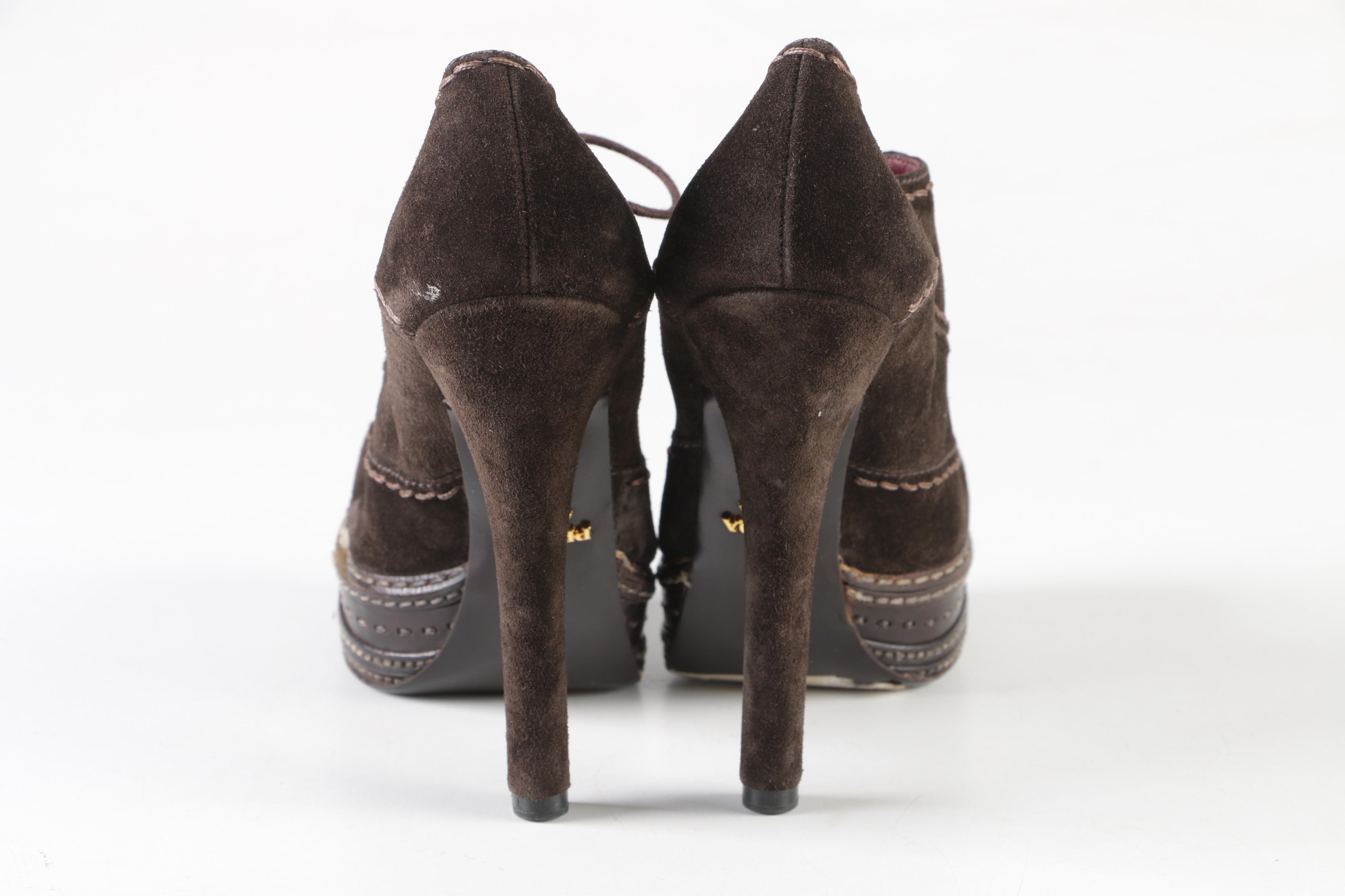 Prada Chocolate Brown Suede High-Heeled Platform Booties