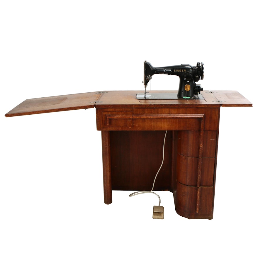 Singer Model 201 Sewing Machine with Wooden Cabinet, 1940