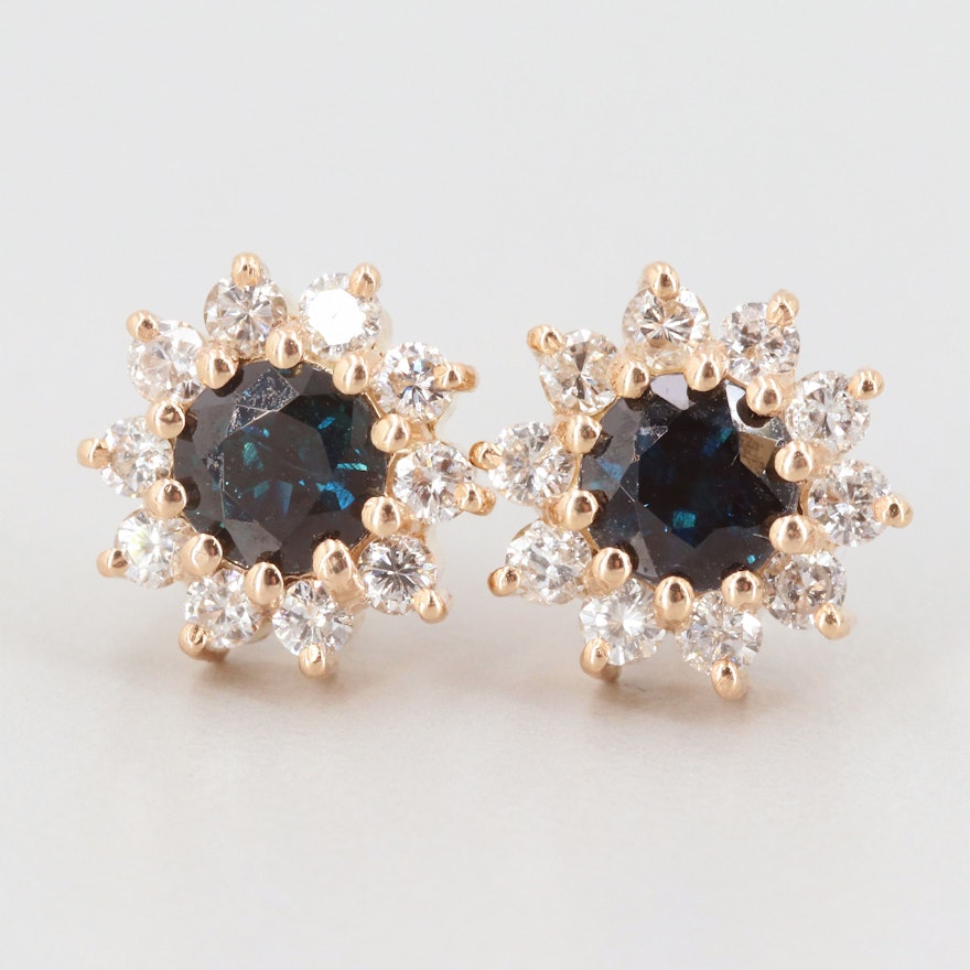 14K Yellow Gold Sapphire and Diamond Stud Earrings