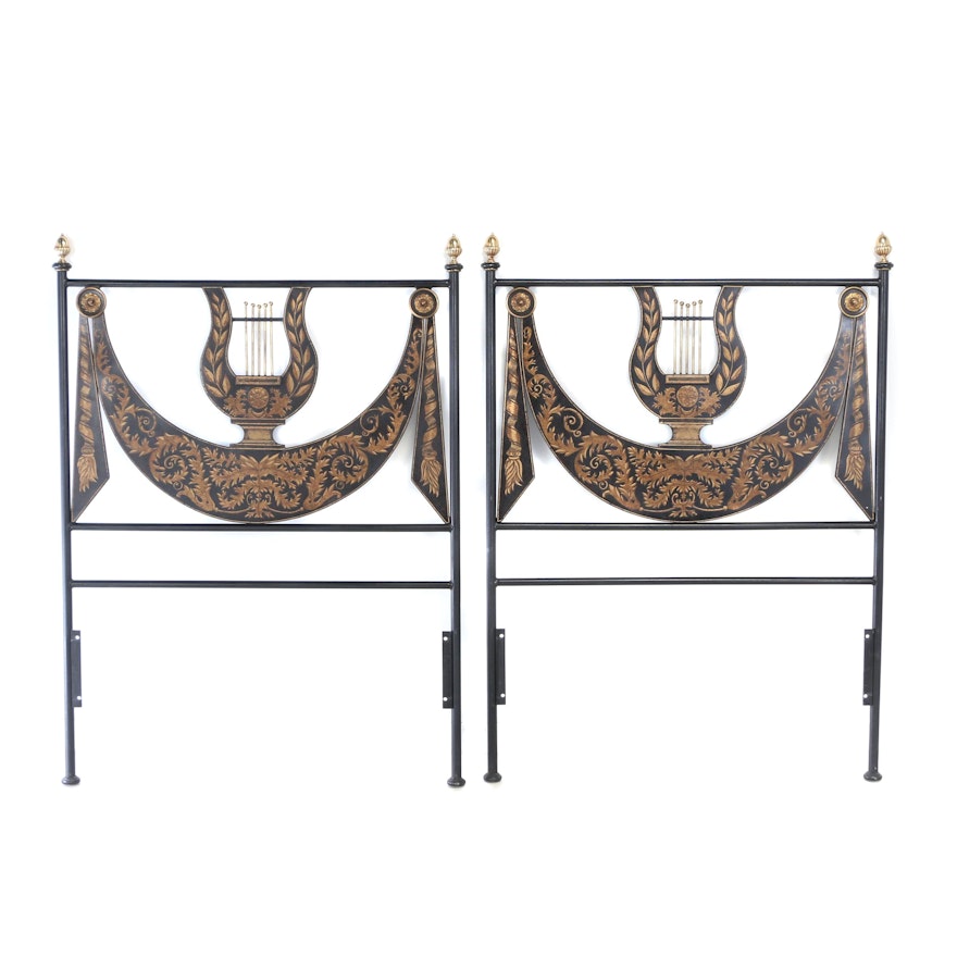 Pair of Contemporary Neoclassical Style Brass-Mounted Metal Twin Size Headboards