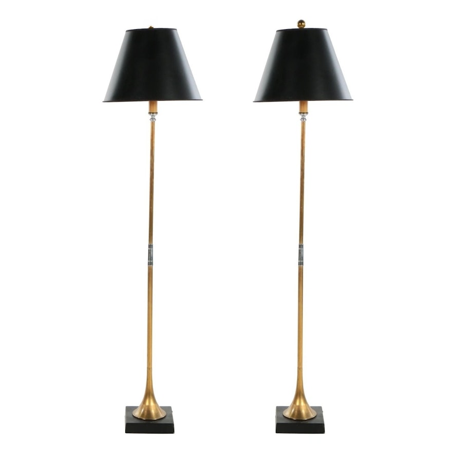 Chapman Brass Trumpet Floor Lamps with Black and Gold Foil Shade, 1972