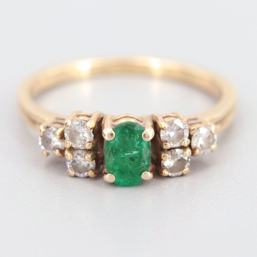 14K Yellow Gold Emerald and Diamond Ring