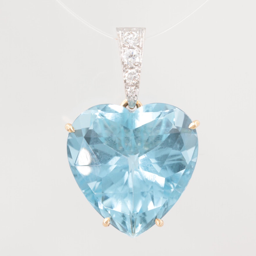 14K Yellow Gold and Platinum 32.92 CT Aquamarine and Diamond Heart Pendant