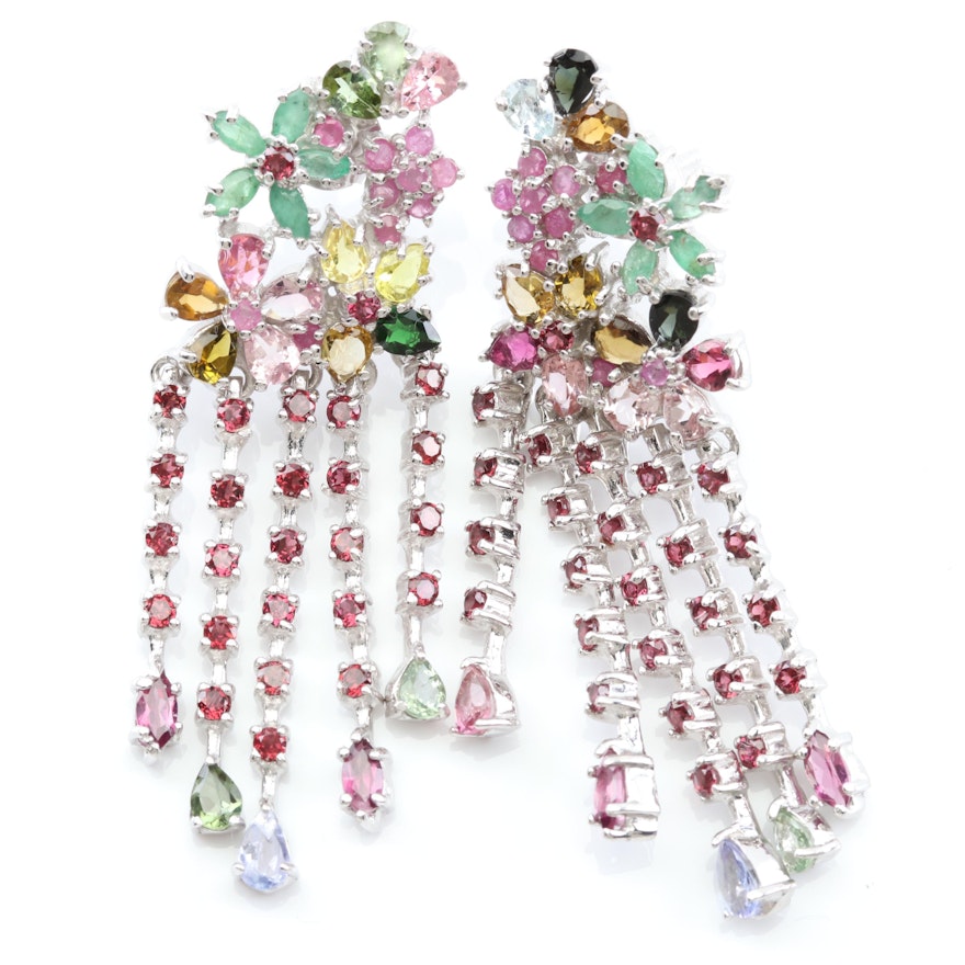 Sterling Silver Multi-Gemstone Flower Earrings