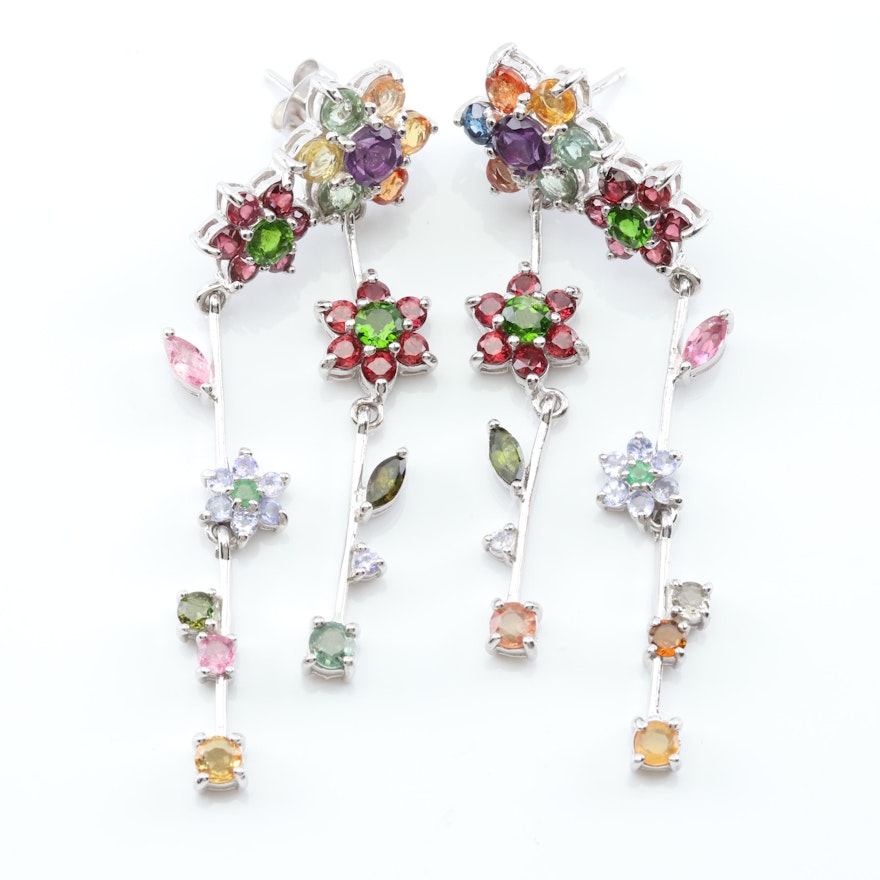 Sterling Silver Multi-Gemstone Flower Dangle Earrings