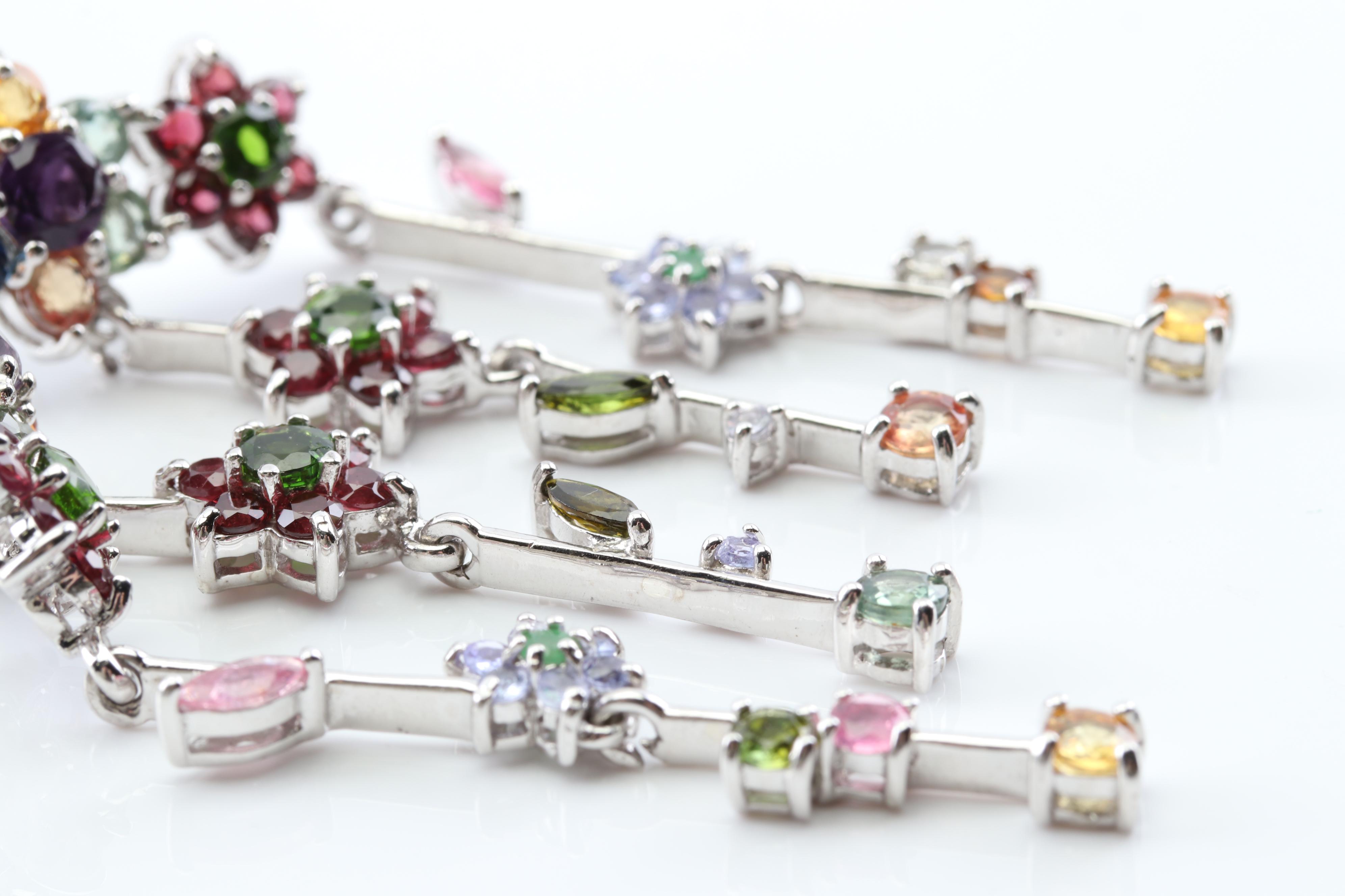 Sterling Silver Multi-Gemstone Flower Dangle Earrings