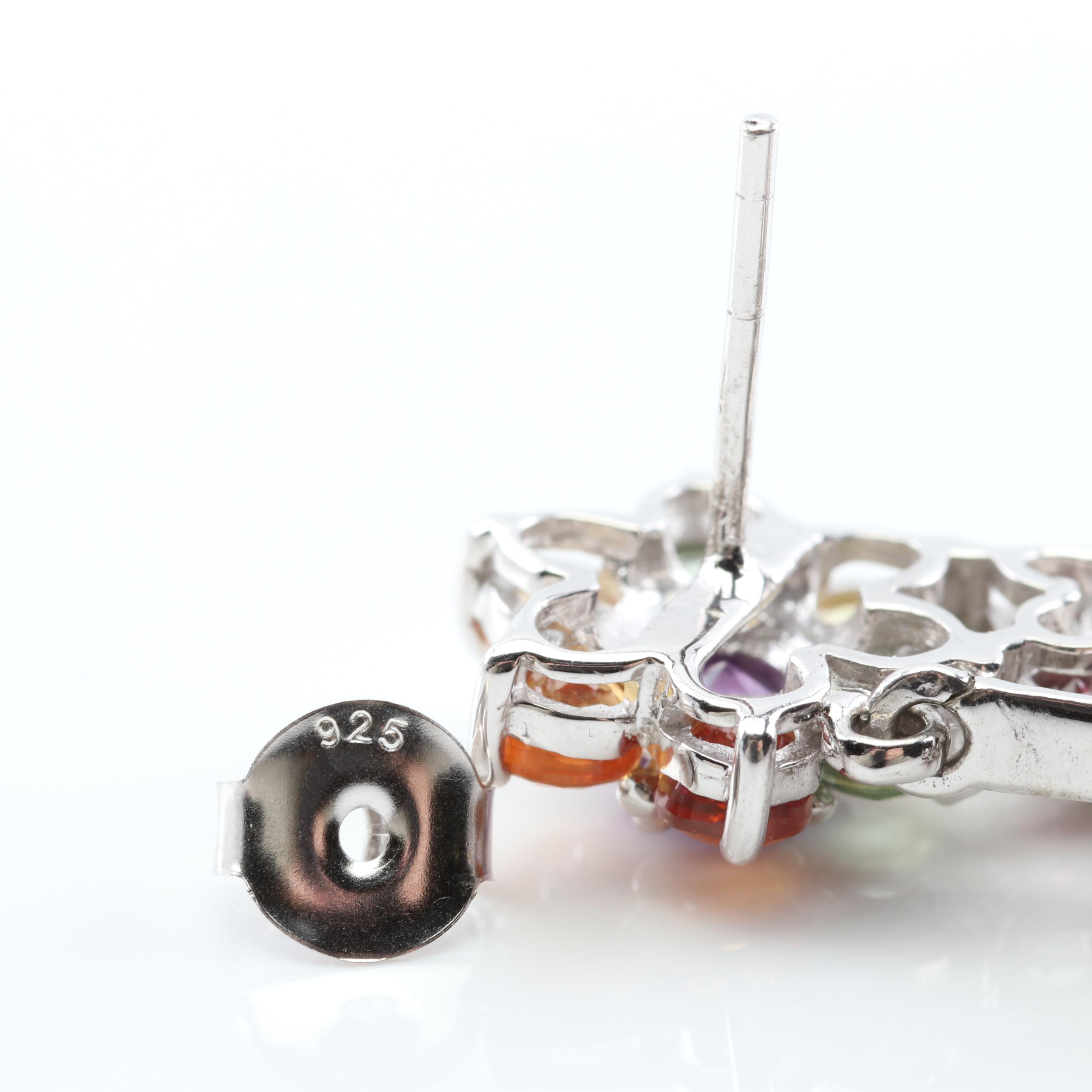 Sterling Silver Multi-Gemstone Flower Dangle Earrings