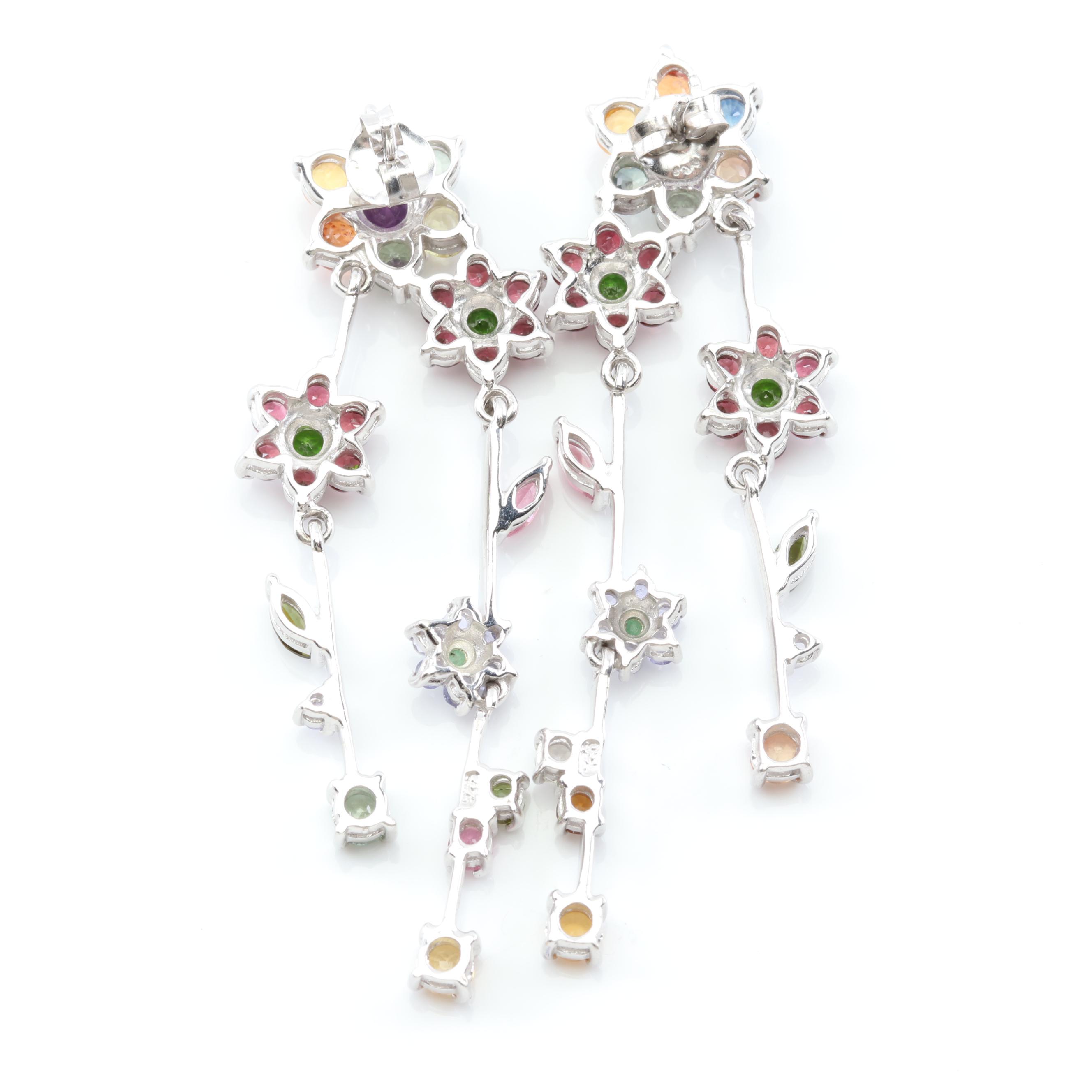 Sterling Silver Multi-Gemstone Flower Dangle Earrings