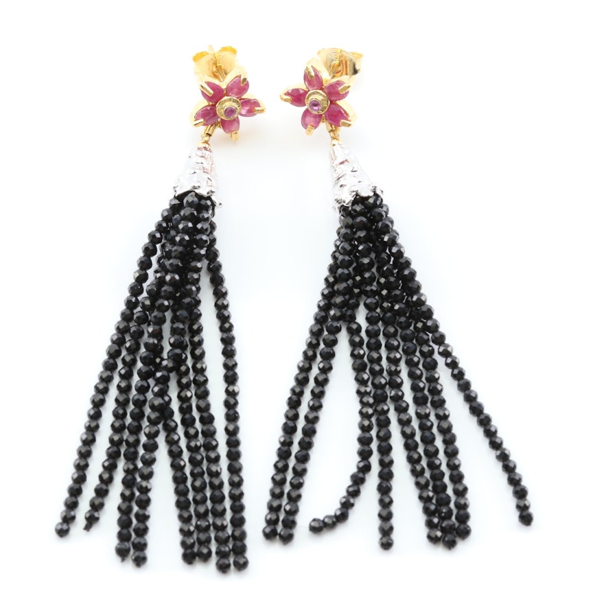 Sterling Silver Ruby Flower Top Earrings with Black Spinel Bead Tassels
