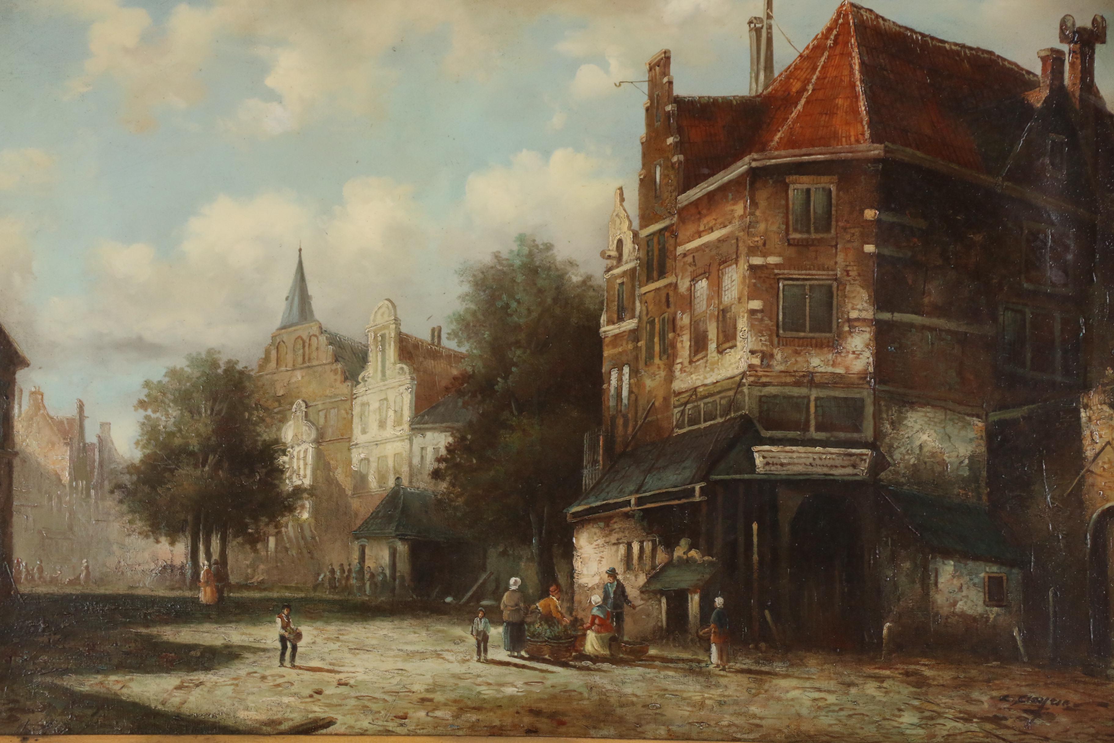 L. Clayton Oil Painting of European Town Scene