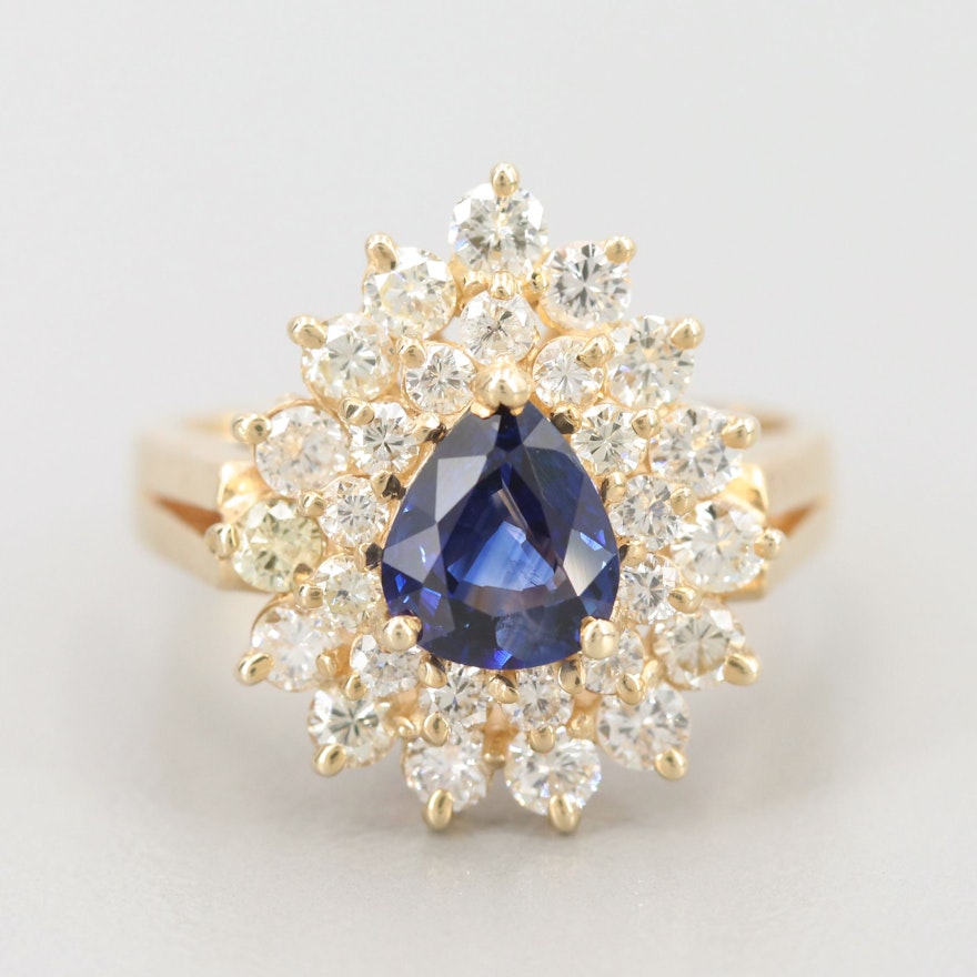 14K Yellow Gold Sapphire and 1.05 CTW Diamond Cluster Ring