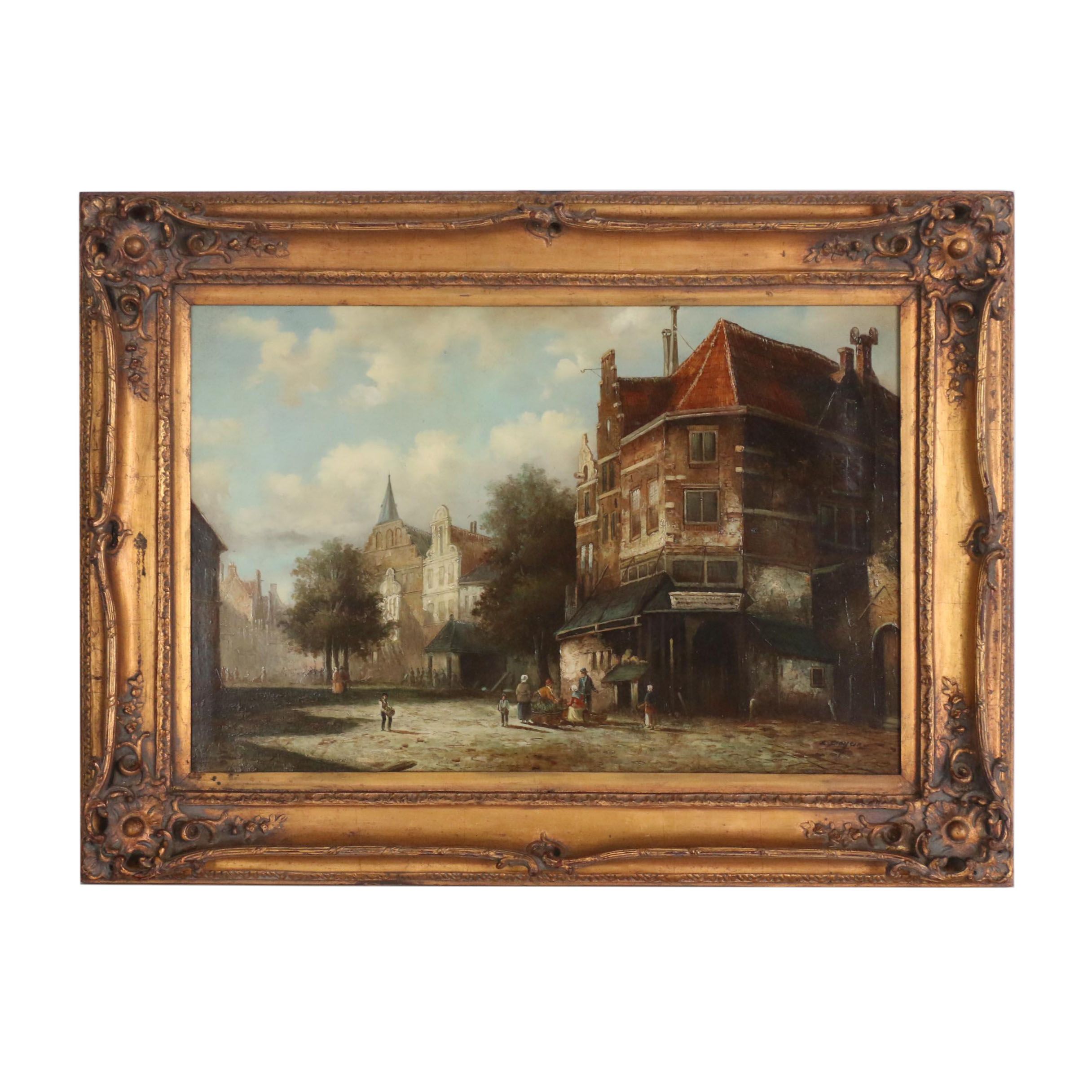 L. Clayton Oil Painting of European Town Scene