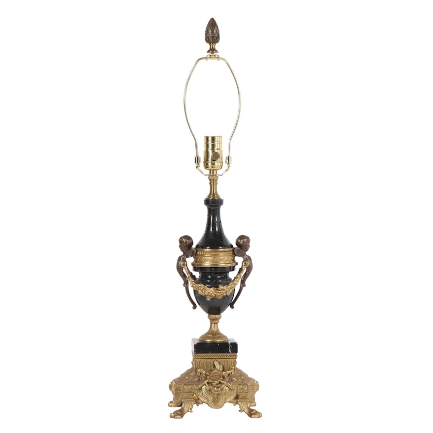 Italian Brevettato Gilt Bronze and Marble Table Lamp with Cherubs